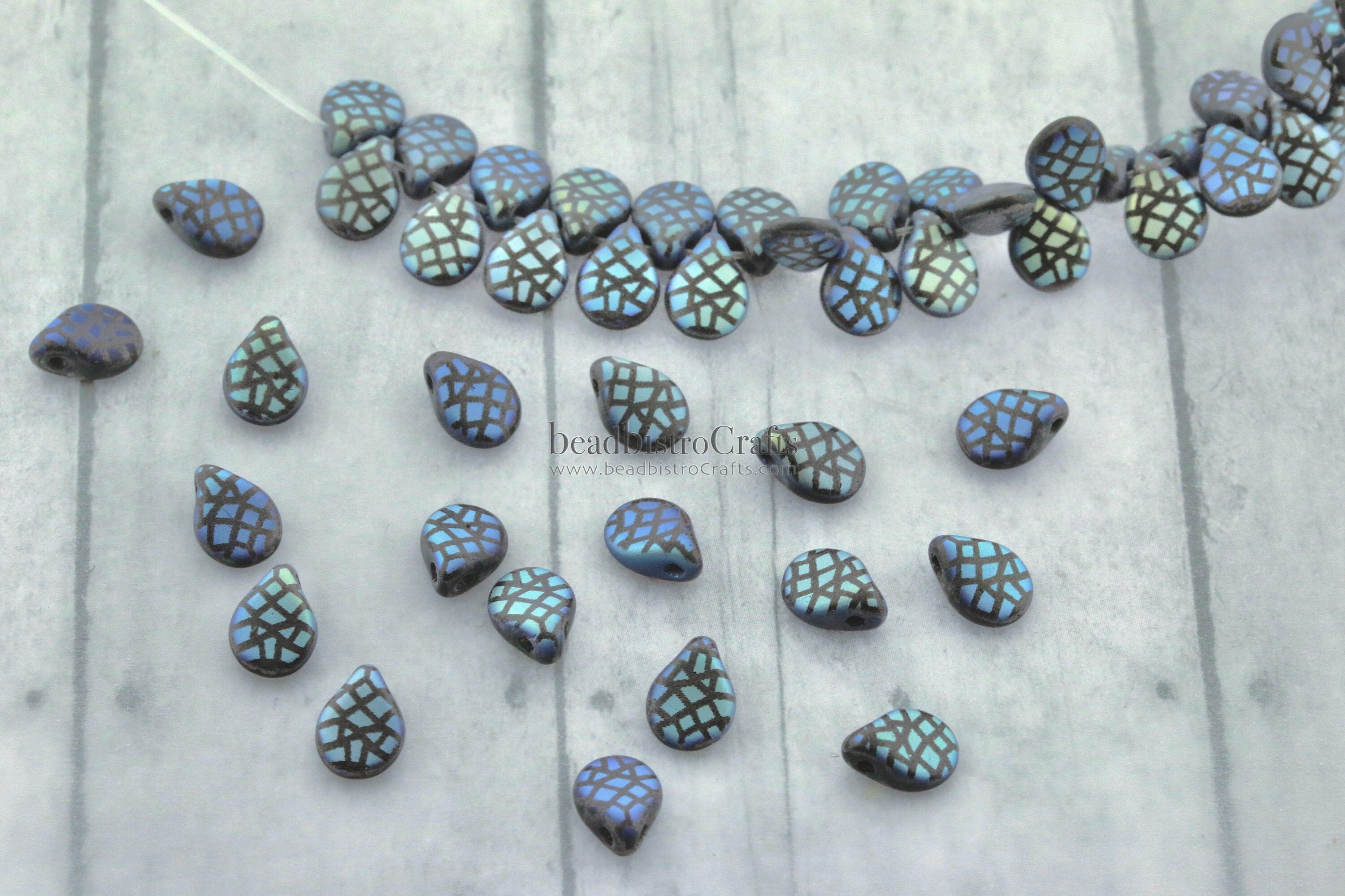 LASER Tattoo Pip Beads - 50pcs Czech Glass MATTED Jet AB Cracked Design * Petals - Drop Beads - Preciosa pip 5x7mm