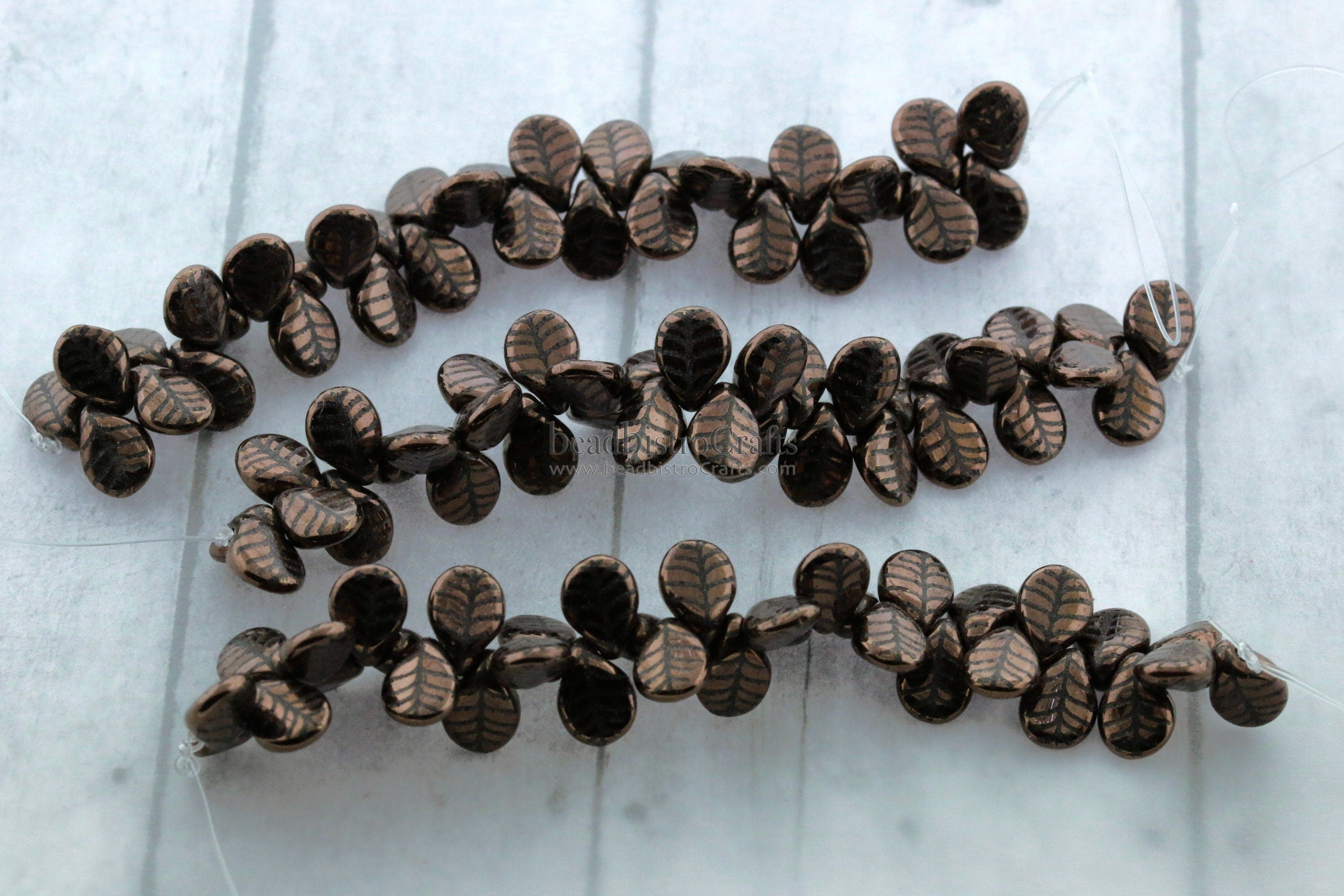 LASER Tattoo Pip Beads - 35pcs Czech Glass * Jet BRONZE LEAF Design Petals - Drop Beads - Preciosa pip 5x7mm