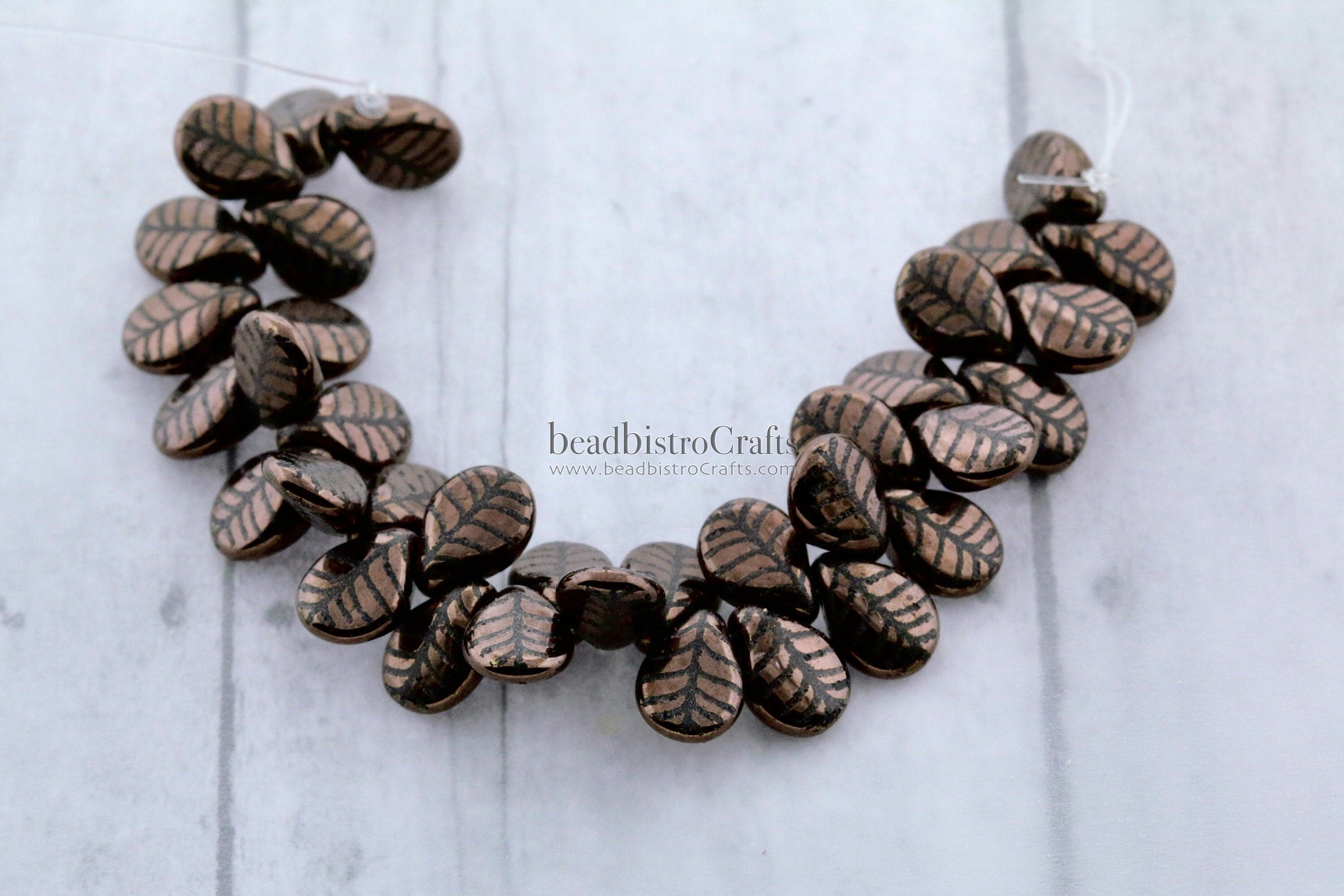 LASER Tattoo Pip Beads - 35pcs Czech Glass * Jet BRONZE LEAF Design Petals - Drop Beads - Preciosa pip 5x7mm