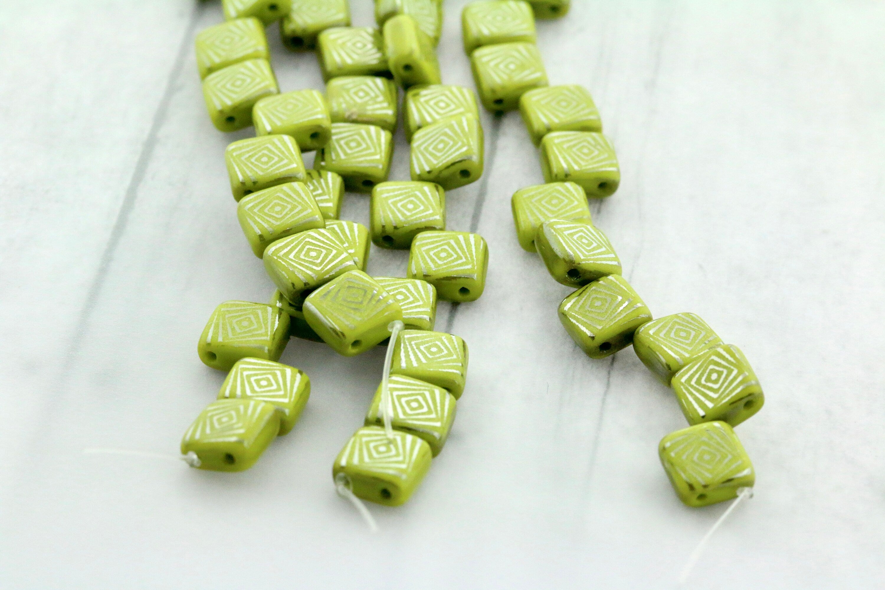 25pcs Czech Laser TATTOO 2-hole Tile beads - Opaque Olive CHROME SQUARED design - 6mm 2 hole glass tile beads