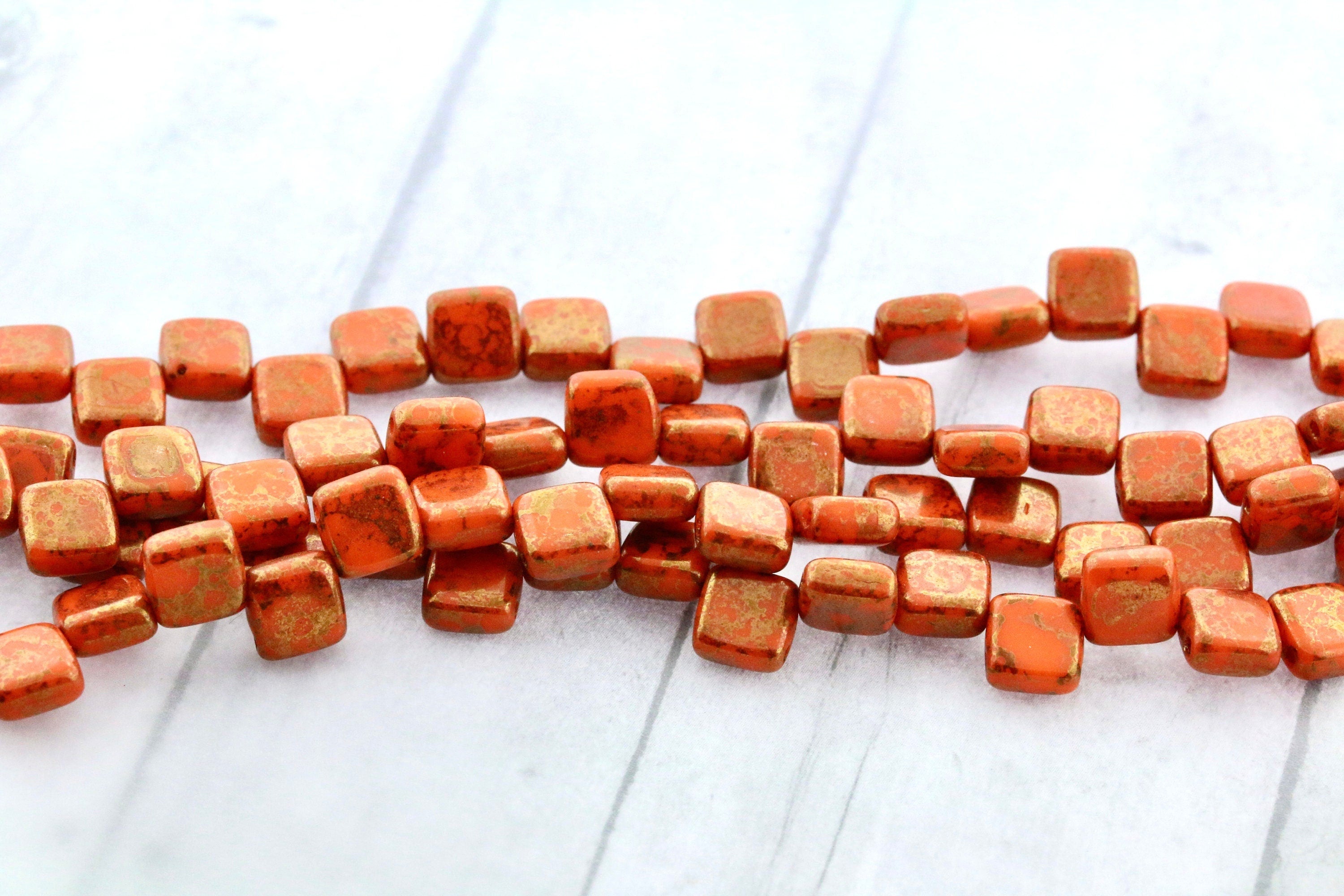 25pcs Czech 2-hole Tile beads - Opaque Orange BRONZE TERACOTA * 6mm