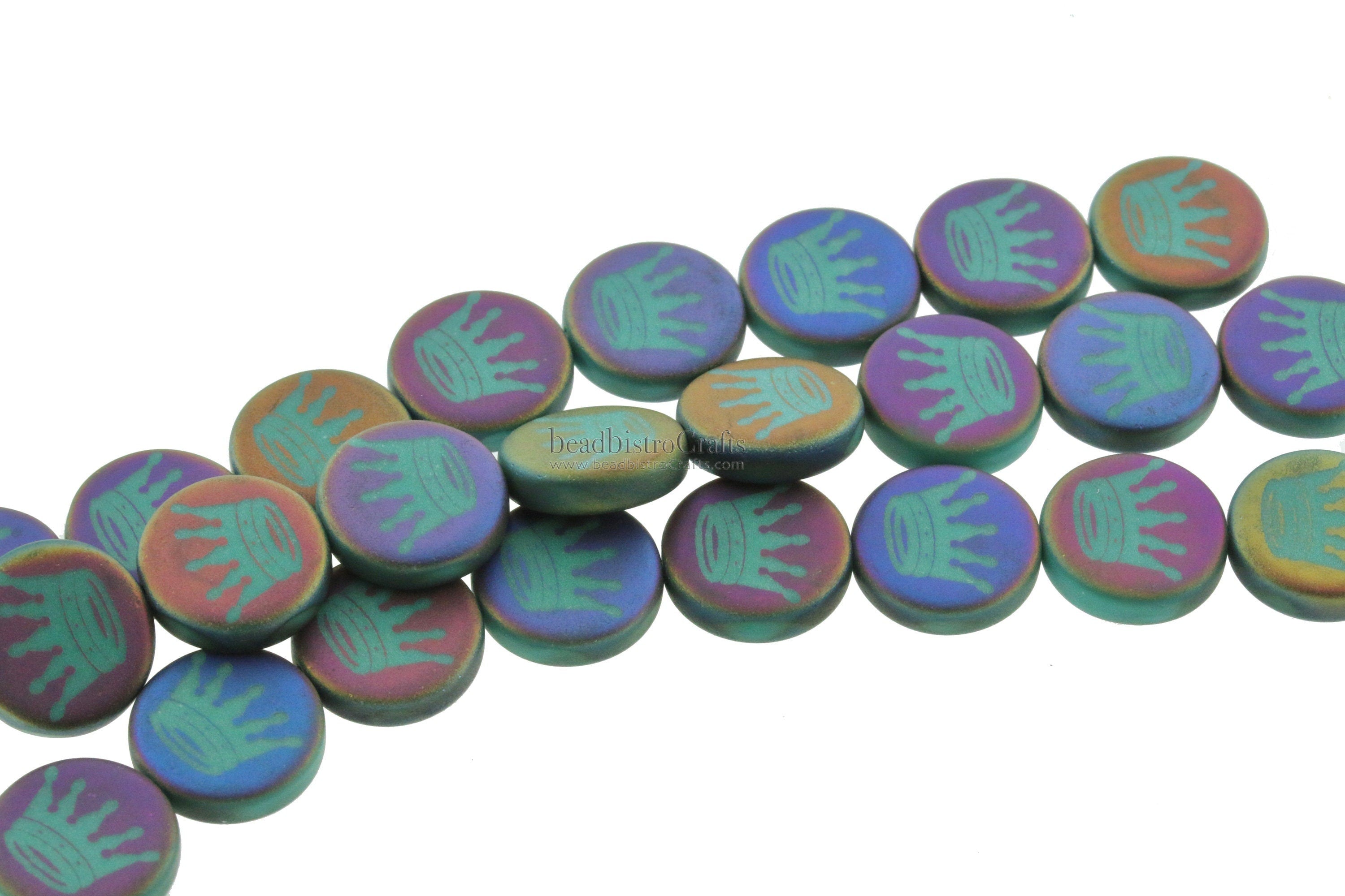 Czech Glass Beads ~ Crown Opaque Matte Green Turquoise Sliperit - 14mm Laser Tattoo Beads