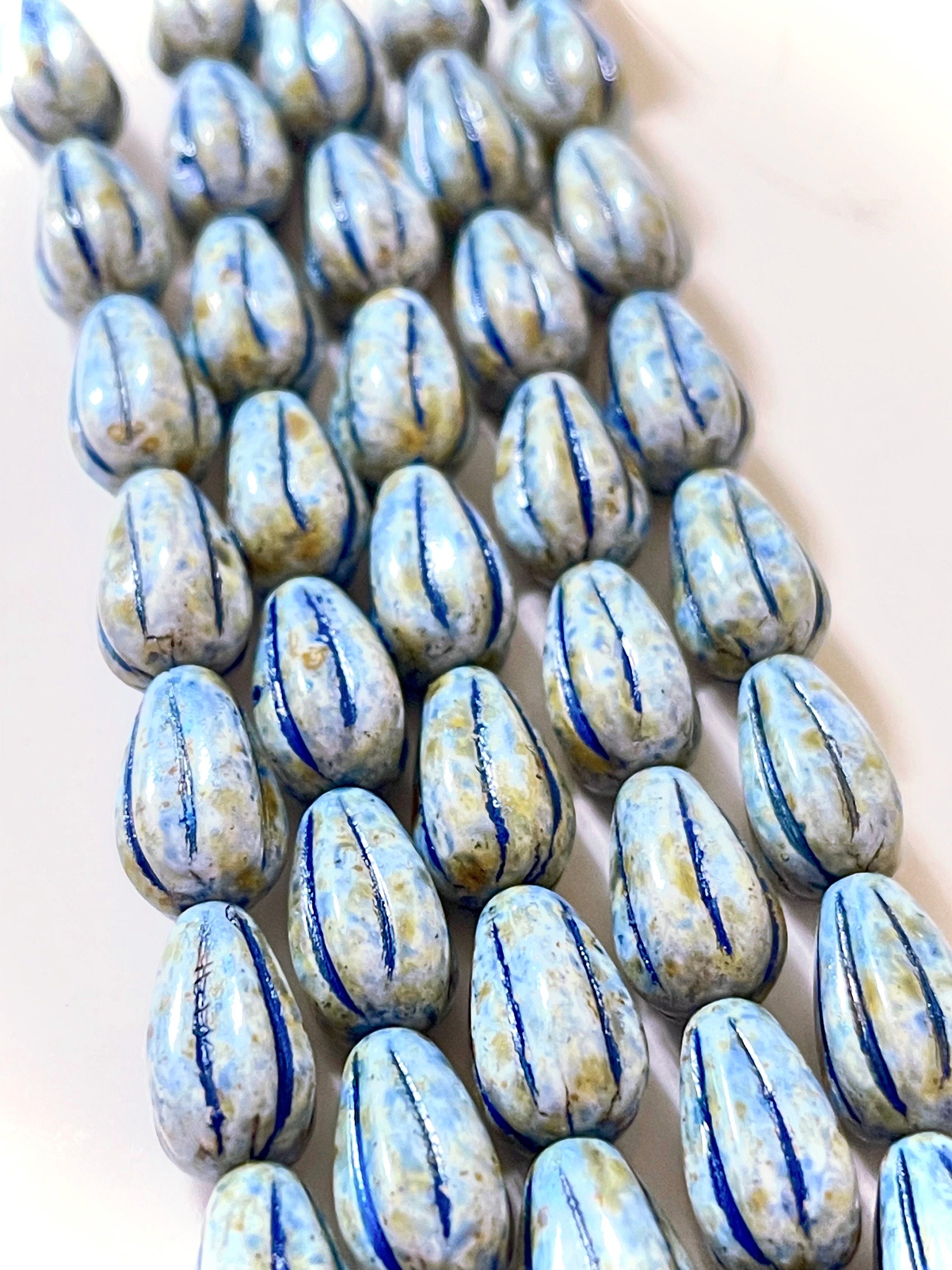 Melon Drops Czech Glass beads - 8pcs Melon beads - Czech glass Drop beads - Alabaster SAGE with BLUE Wash - 13x8mm