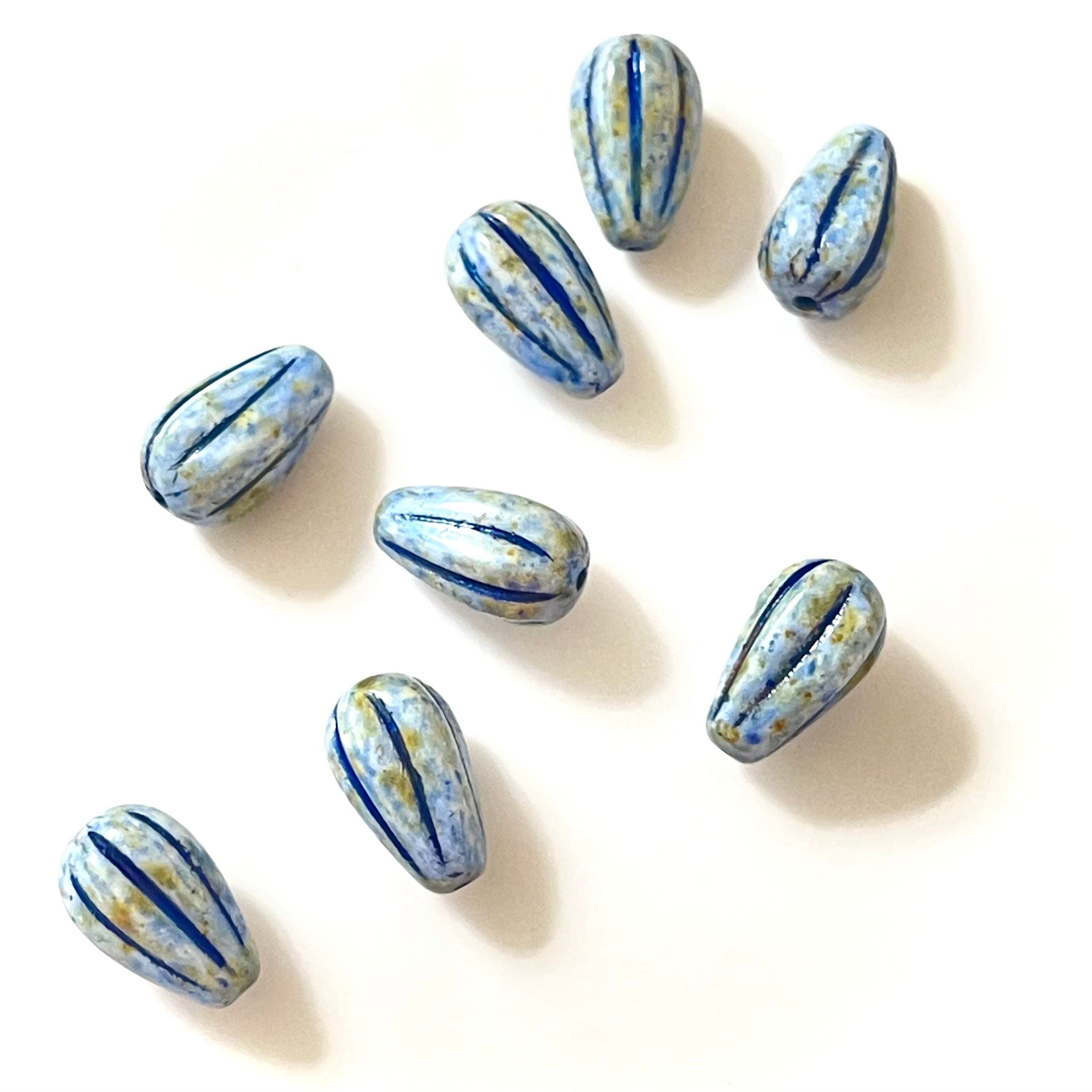 Melon Drops Czech Glass beads - 8pcs Melon beads - Czech glass Drop beads - Alabaster SAGE with BLUE Wash - 13x8mm