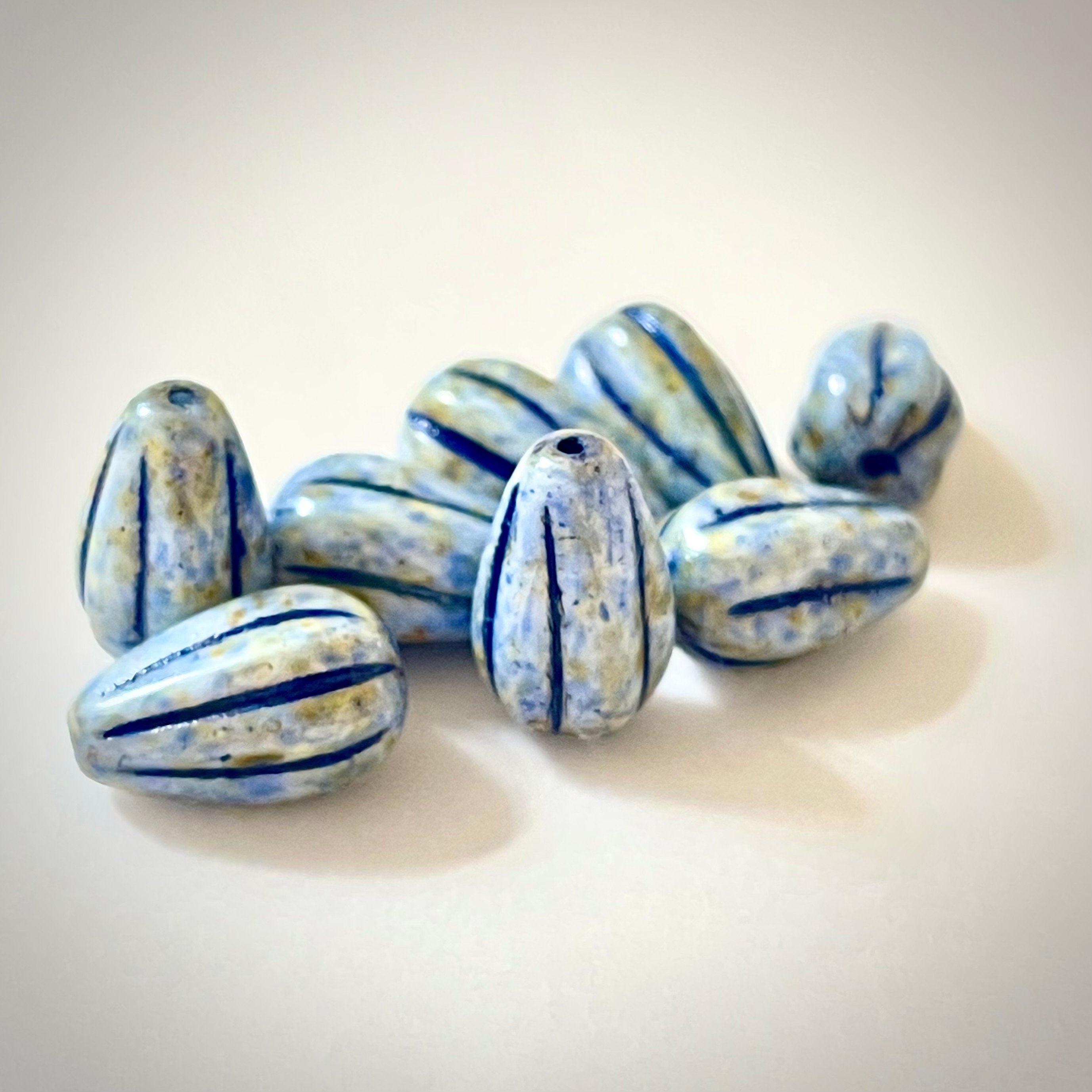 Melon Drops Czech Glass beads - 8pcs Melon beads - Czech glass Drop beads - Alabaster SAGE with BLUE Wash - 13x8mm