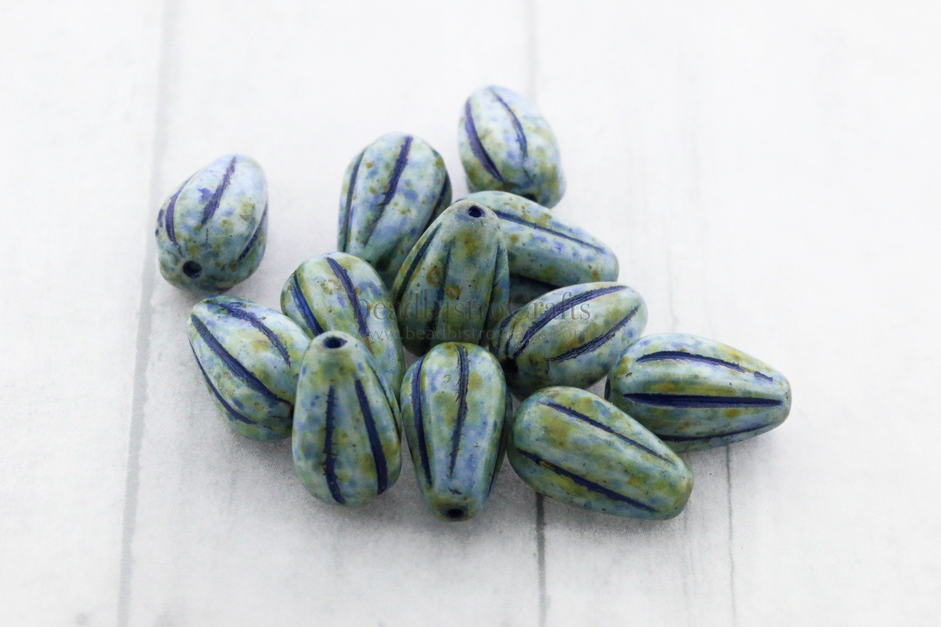 Melon Drops Czech Glass beads - 8pcs Melon beads - Czech glass Drop beads - Alabaster SAGE with BLUE Wash - 13x8mm