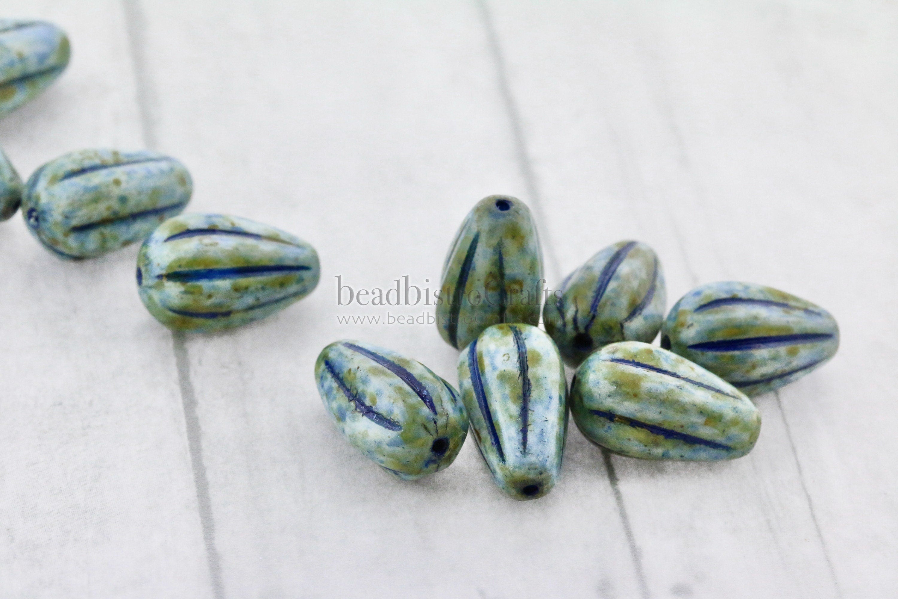 Melon Drops Czech Glass beads - 8pcs Melon beads - Czech glass Drop beads - Alabaster SAGE with BLUE Wash - 13x8mm