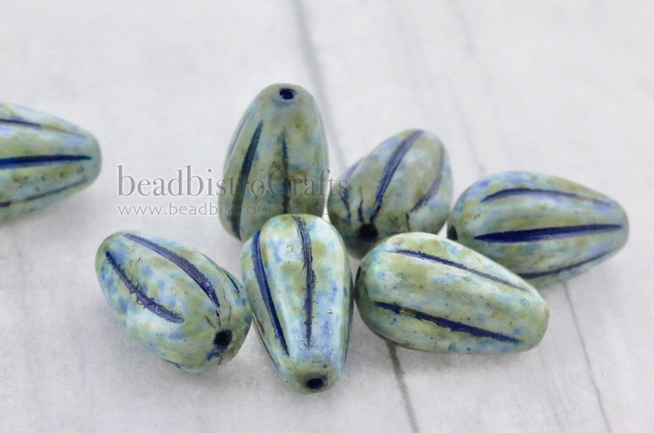 Melon Drops Czech Glass beads - 8pcs Melon beads - Czech glass Drop beads - Alabaster SAGE with BLUE Wash - 13x8mm