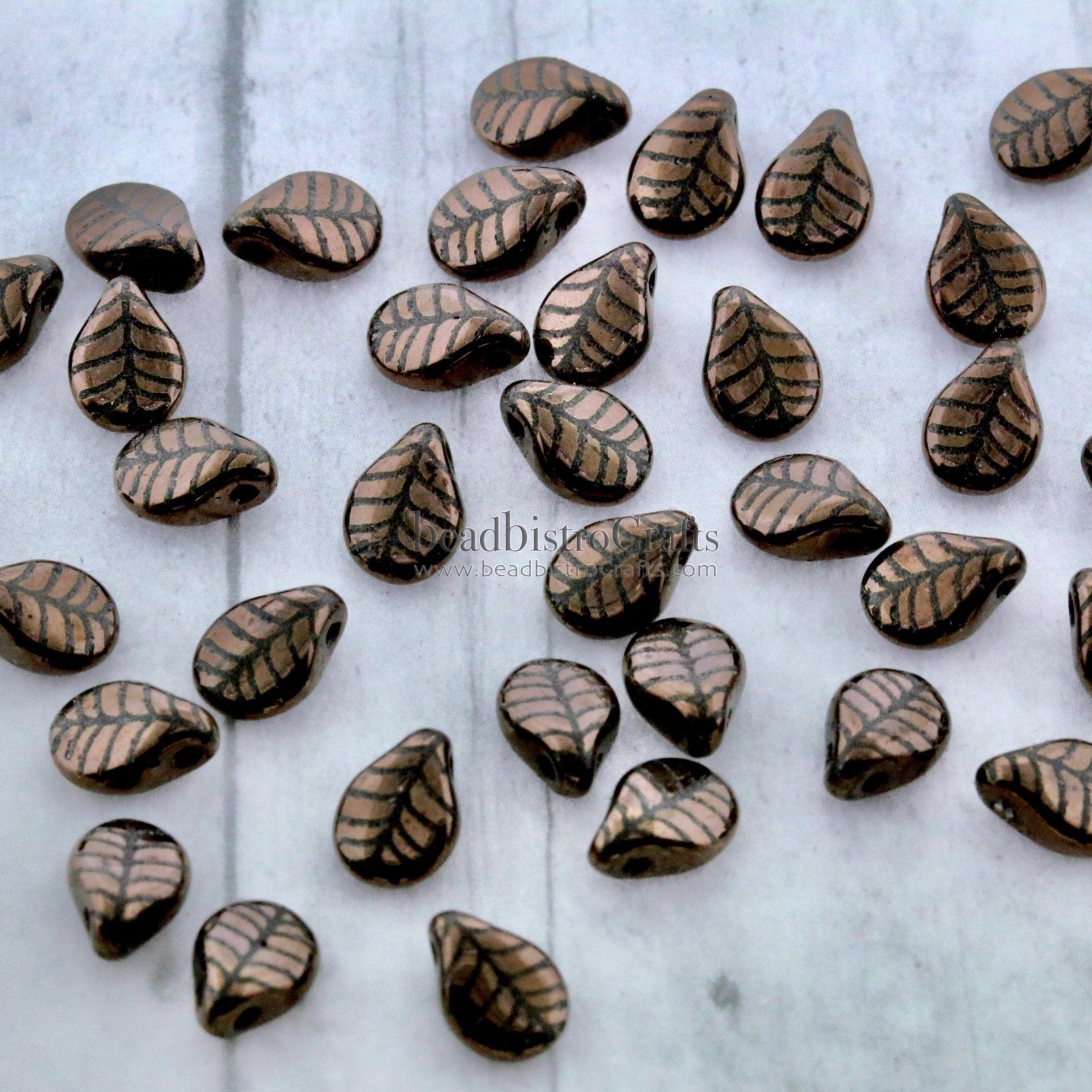 LASER Tattoo Pip Beads - 35pcs Czech Glass * Jet BRONZE LEAF Design Petals - Drop Beads - Preciosa pip 5x7mm