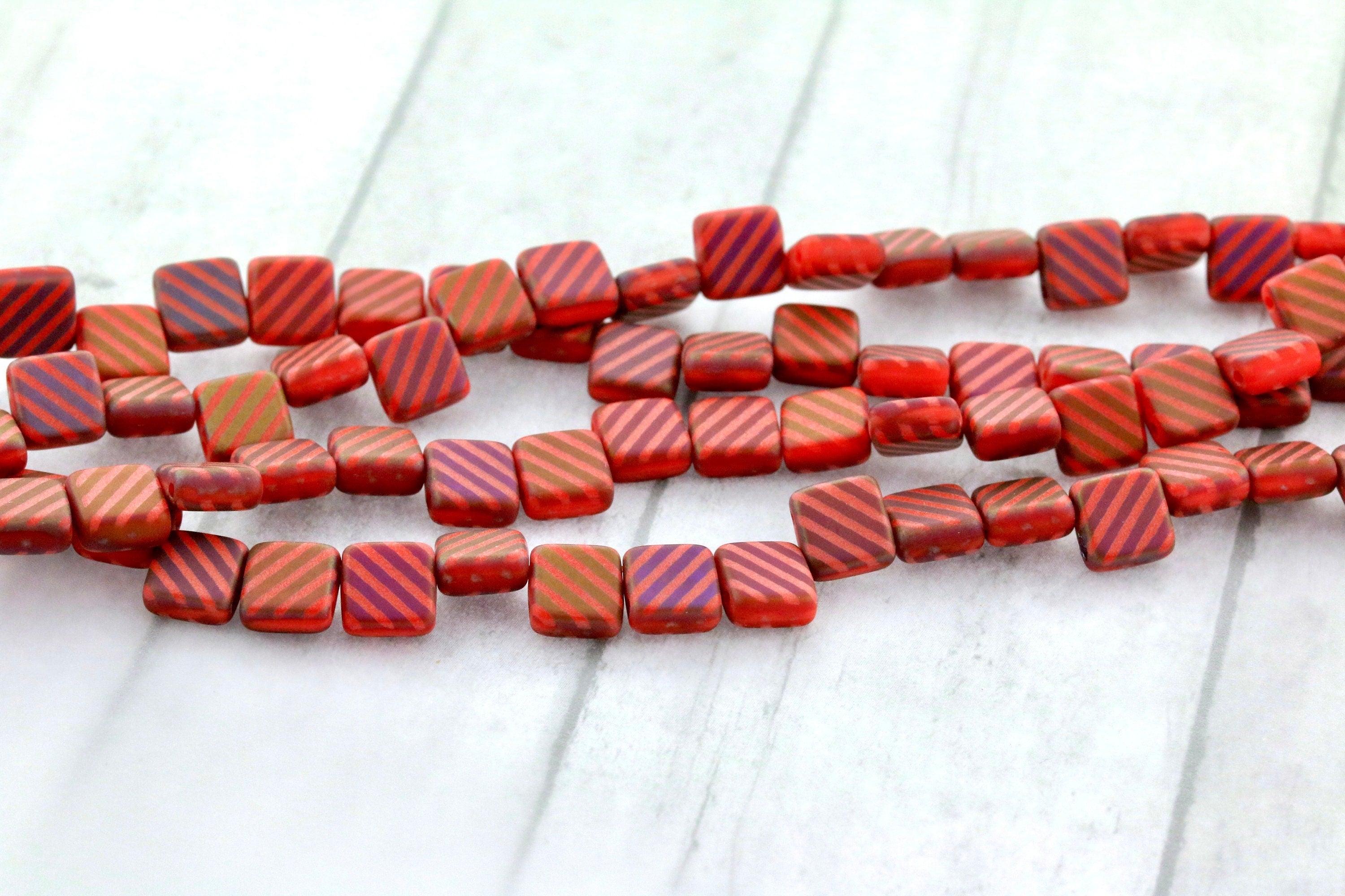 25pcs Czech Laser TATTOO 2-hole Tile beads - Matte Opaque Red SLIPERIT DIAGONAL design - 6mm 2 hole glass tile beads