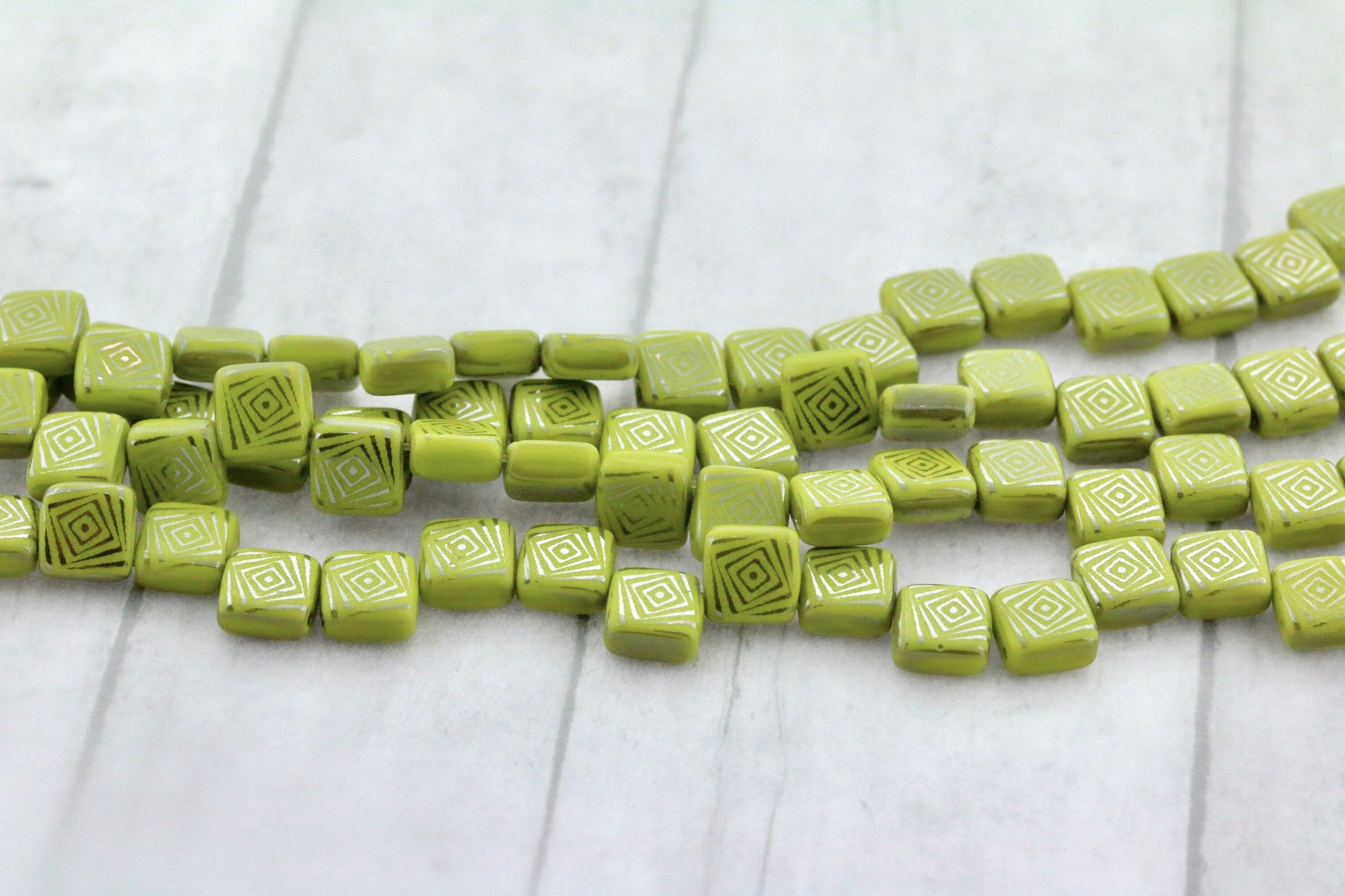 25pcs Czech Laser TATTOO 2-hole Tile beads - Opaque Olive CHROME SQUARED design - 6mm 2 hole glass tile beads