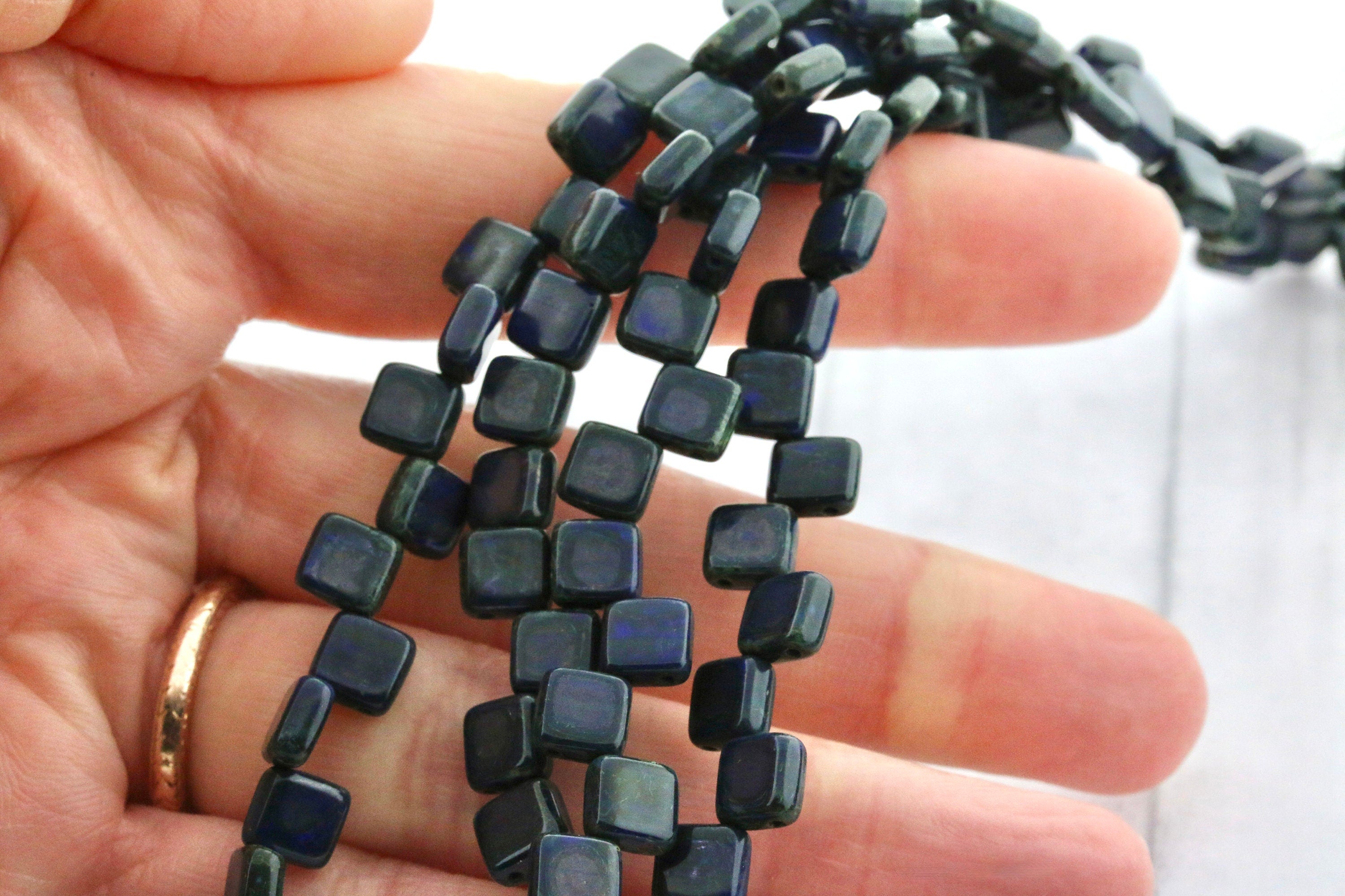 25pcs Czech 2-hole Tile beads - Opaque Dark Blue TRAVERTINE glass * 6mm