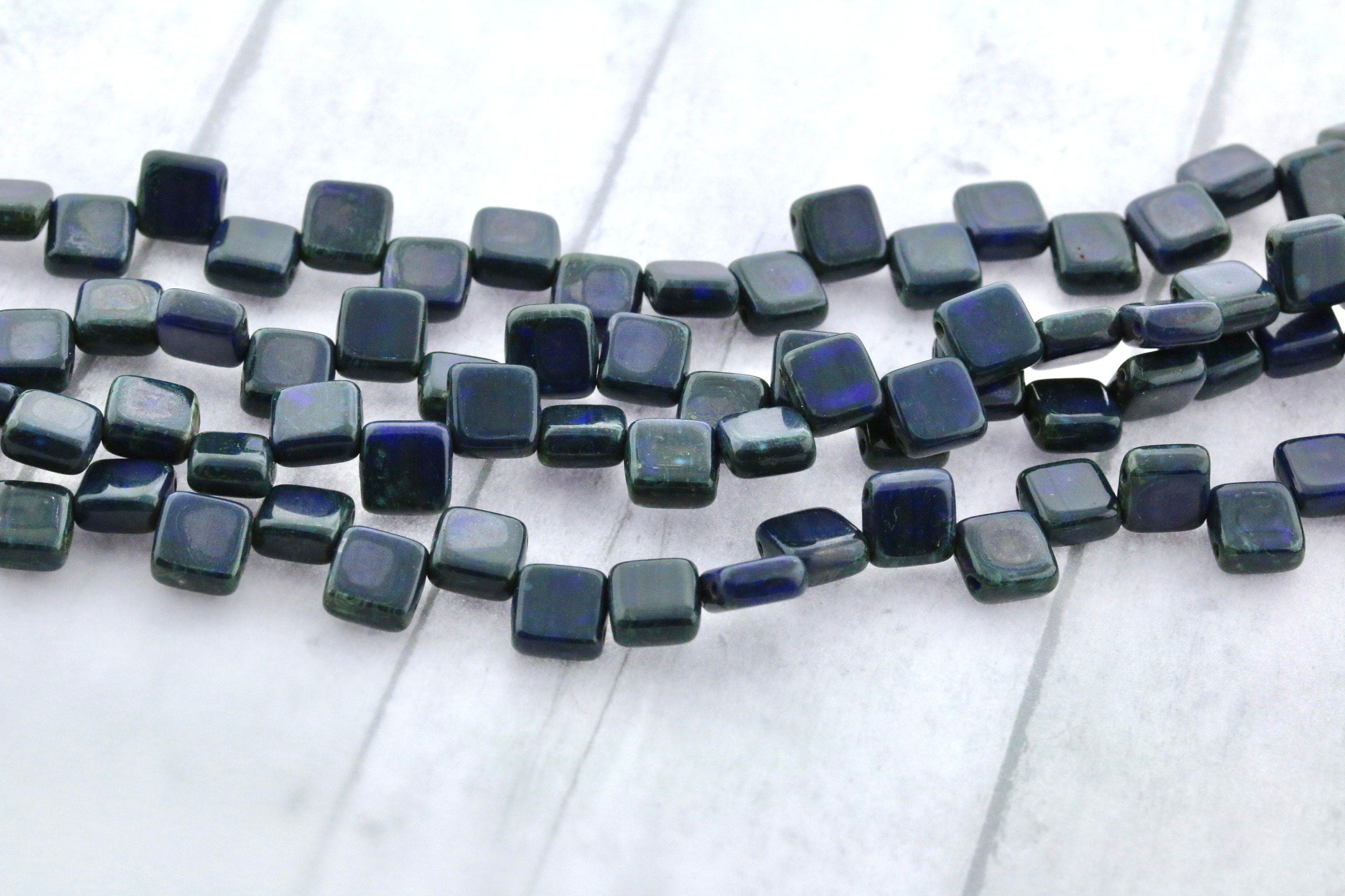 25pcs Czech 2-hole Tile beads - Opaque Dark Blue TRAVERTINE glass * 6mm