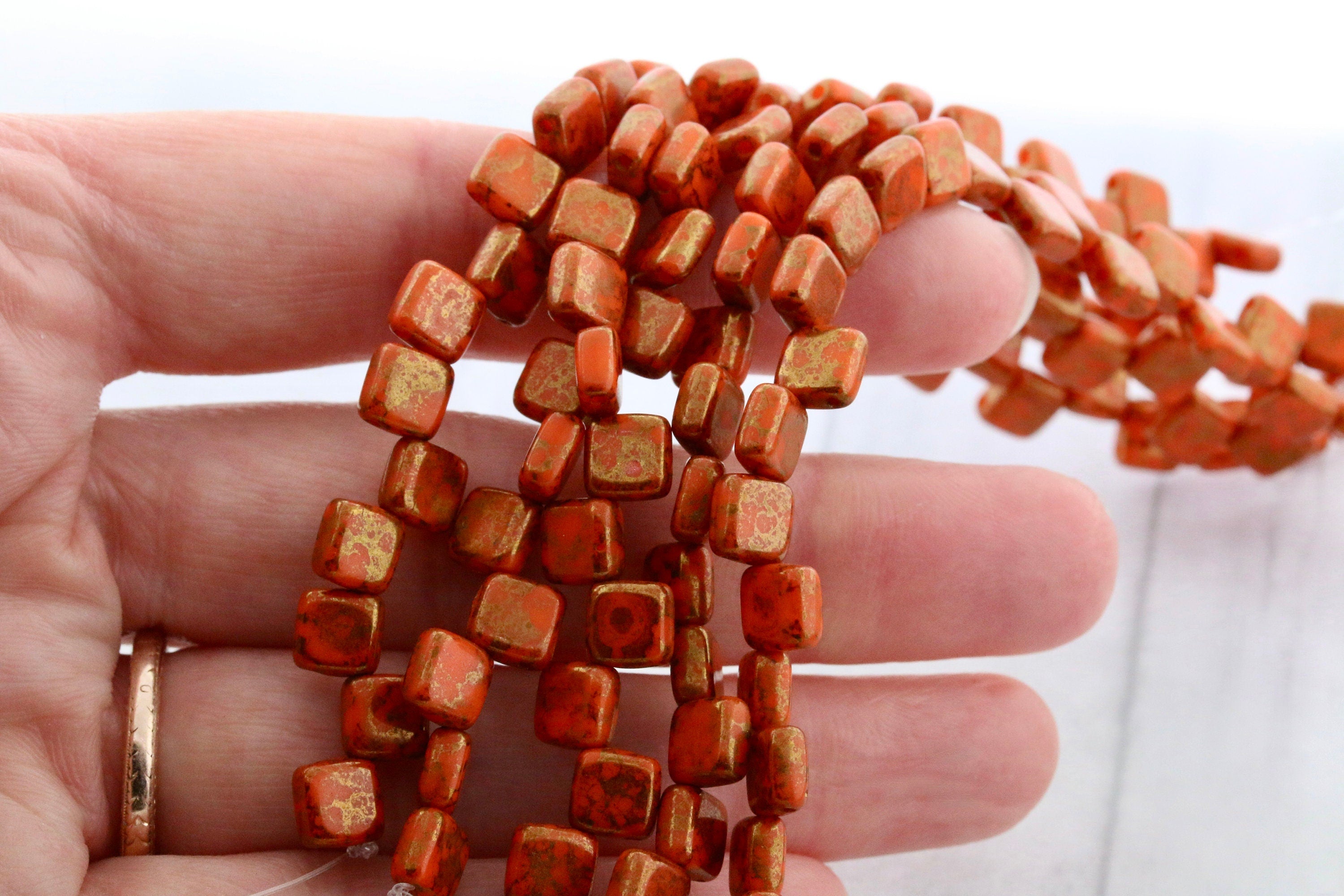 25pcs Czech 2-hole Tile beads - Opaque Orange BRONZE TERACOTA * 6mm