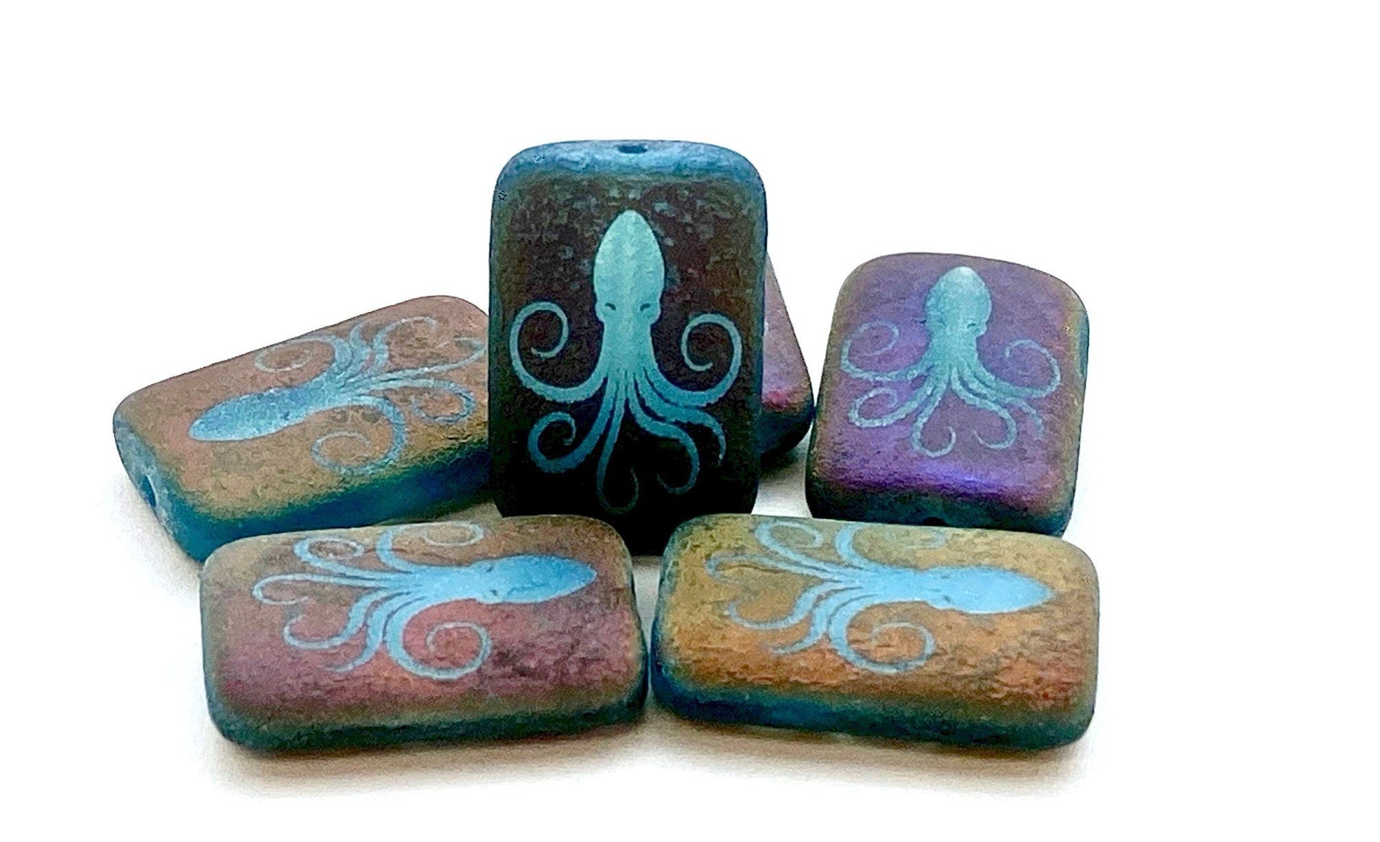 Czech Glass Beads ~ Octopus Transparent Matte Light Blue Sliperit - 18x12mm Laser Tattoo Etched Beads