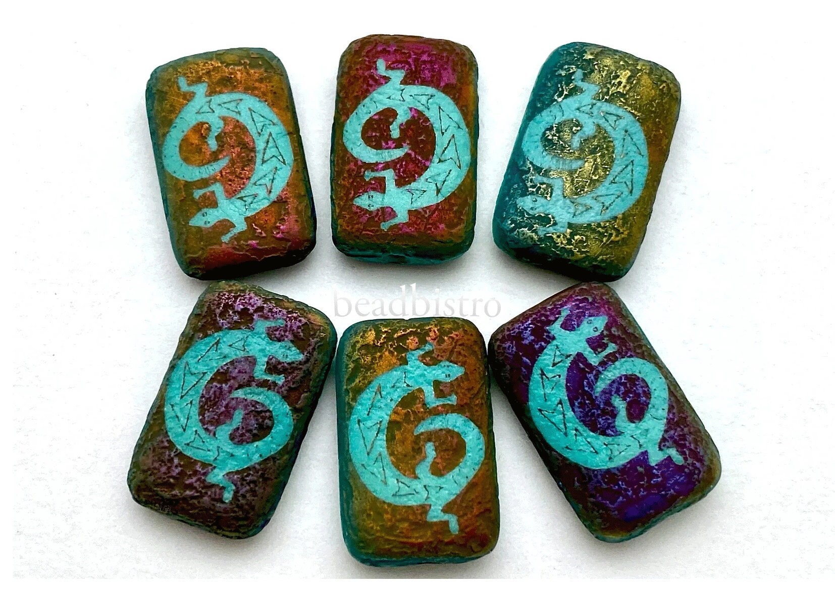 Czech Glass Beads ~ Lizard Turquoise Bead Sliperit Finish - 18x12mm Laser Tattoo Etched Beads