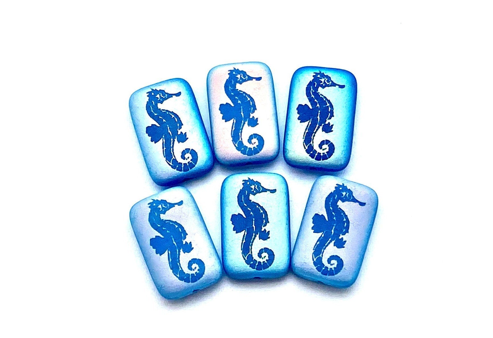 Czech Glass Beads ~ Seahorse Opaque Blue AB - 18x12mm Laser Tattoo Beads