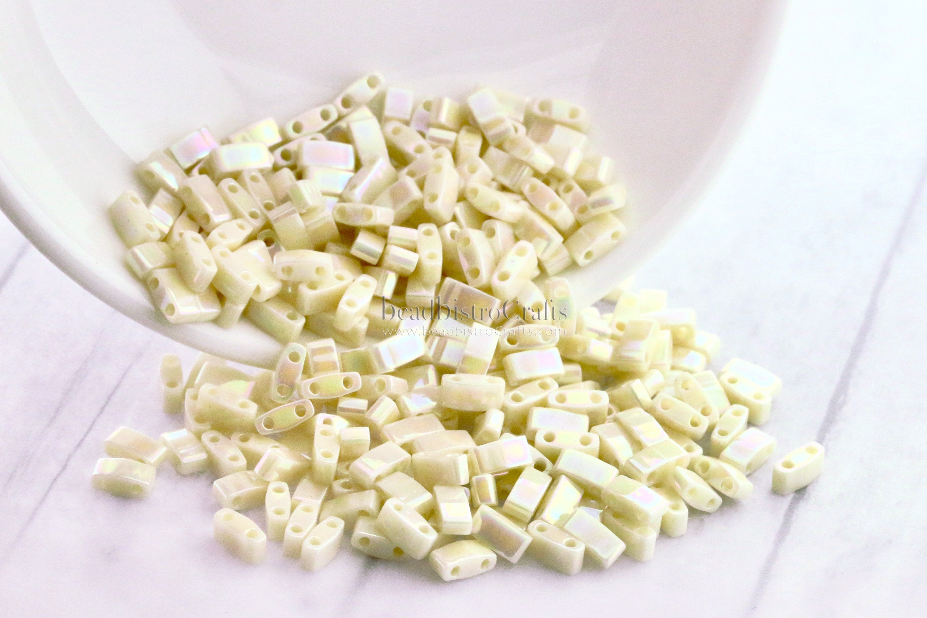 10g MIYUKI - Half Tila Beads - Ivory Pearl CEYLON AB - size 5mm x 2.3mm x 1.9mm - 2 hole - 1/2 Tila # 486