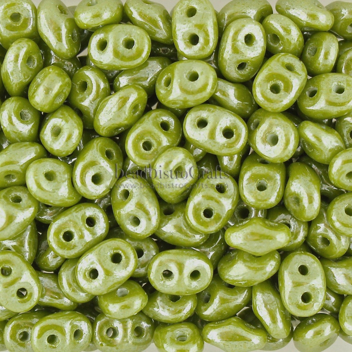 20g Czech SuperDuo 2-hole Beads - Opaque Olive Green WHITE LUSTER * 2.5x5mm