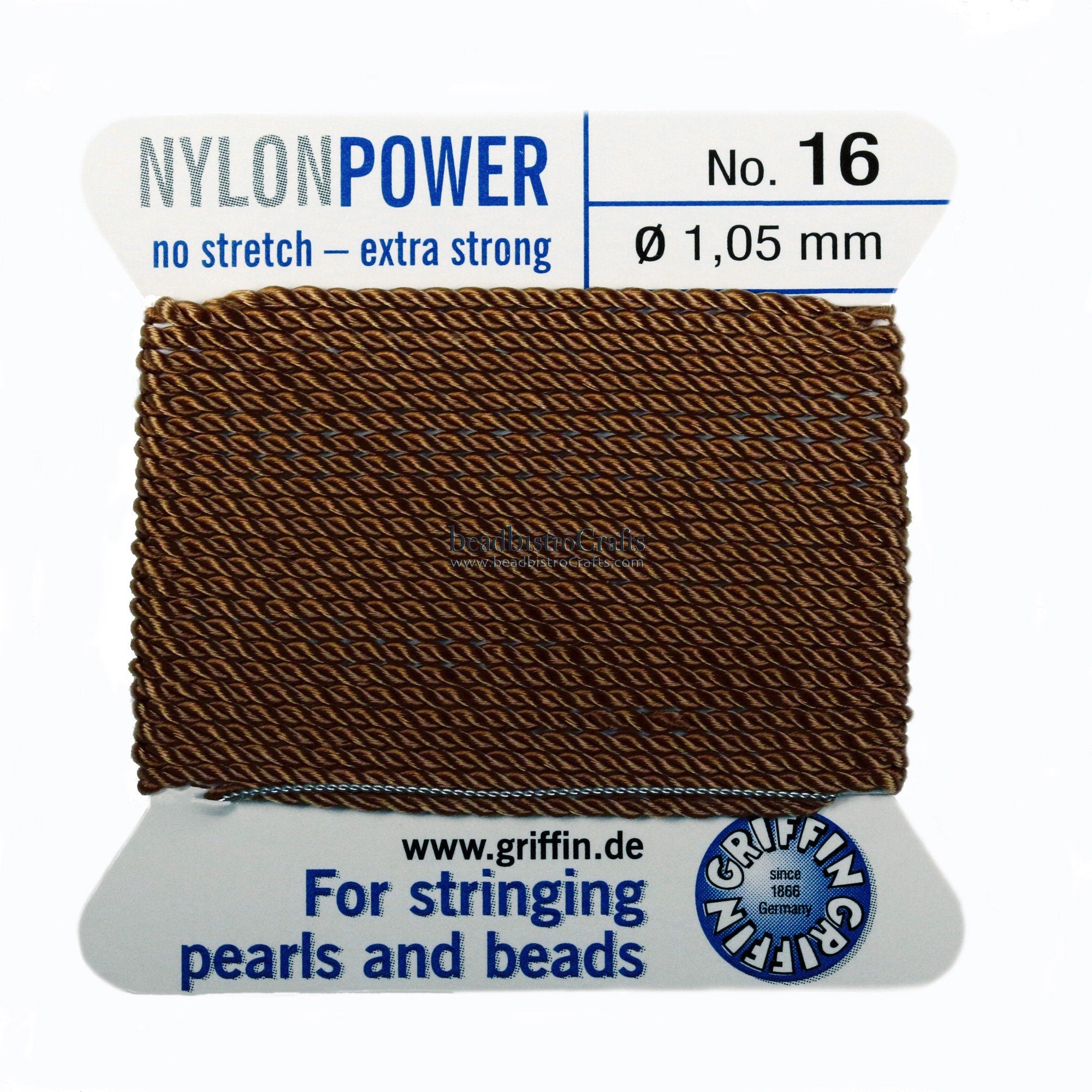 NylonPower No. 16 CORD - Griffin Nylon beading Cord with Stainless Steel Twisted wire needle - 2 meter length - 1.05mm - Made in Germany