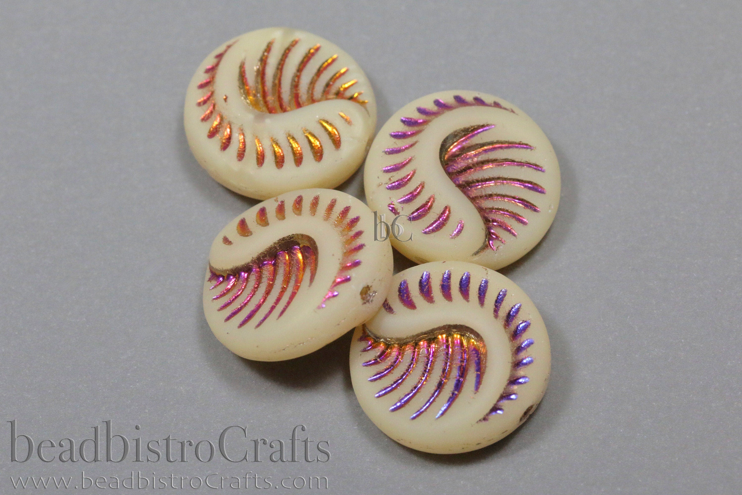 Czech Glass Fossil Beads - 2pcs /6pcs Pressed Czech Coin Beads - CHOOSE COLOR - 19mm