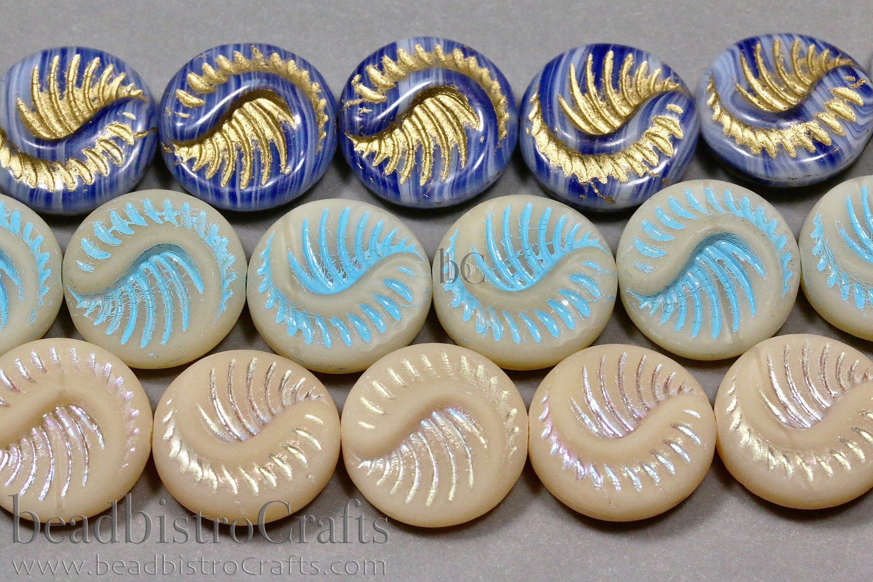 Czech Glass Fossil Beads - 2pcs /6pcs Pressed Czech Coin Beads - CHOOSE COLOR - 19mm