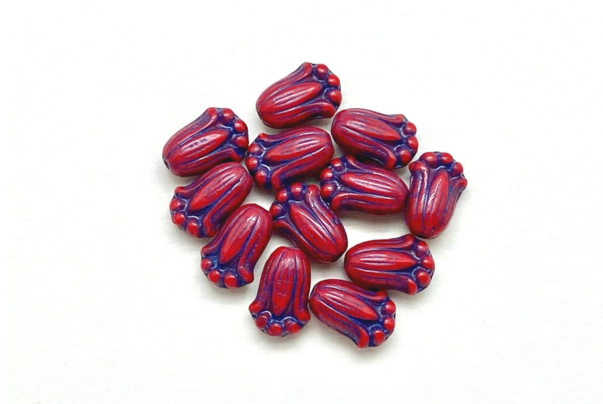 12pcs Czech Tulip Bud Beads - Red w/ Purple, Raspberry w/ Gold and Yellow w/ Black Glass Flower Beads - 12x8mm