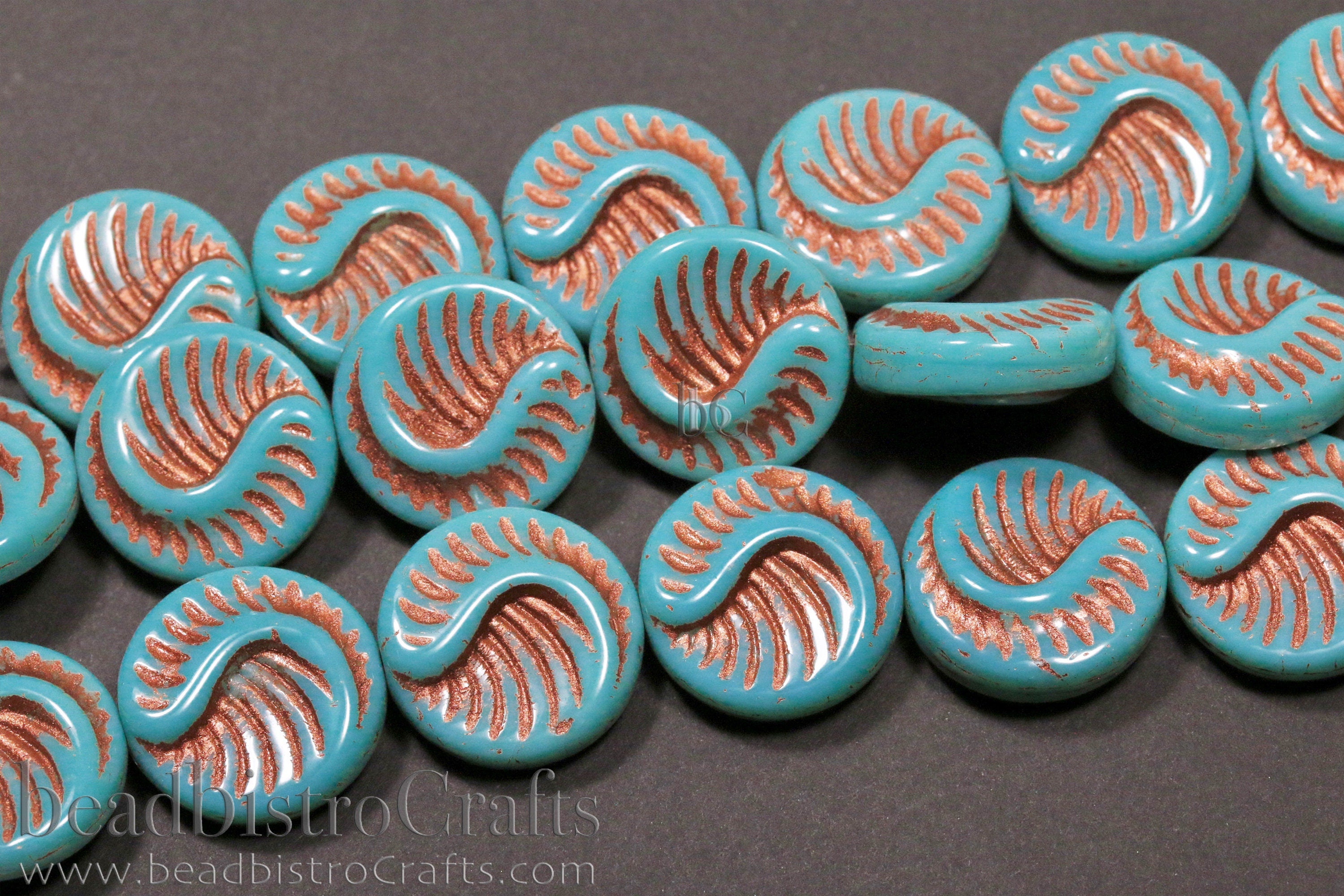 Czech Glass Fossil Beads - 2pcs /6pcs Pressed Czech Coin Beads - CHOOSE COLOR - 19mm