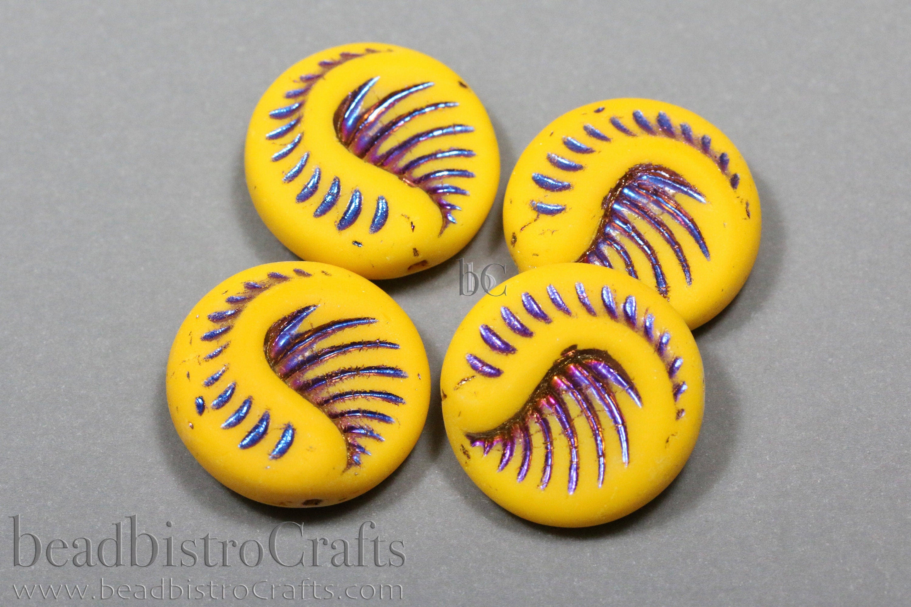 Czech Glass Fossil Beads - 2pcs /6pcs Pressed Czech Coin Beads - CHOOSE COLOR - 19mm