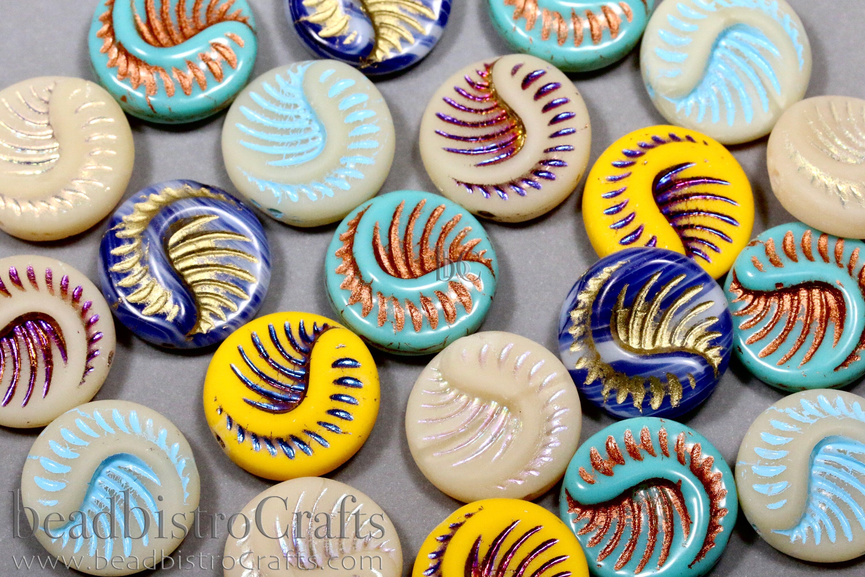 Czech Glass Fossil Beads - 2pcs /6pcs Pressed Czech Coin Beads - CHOOSE COLOR - 19mm