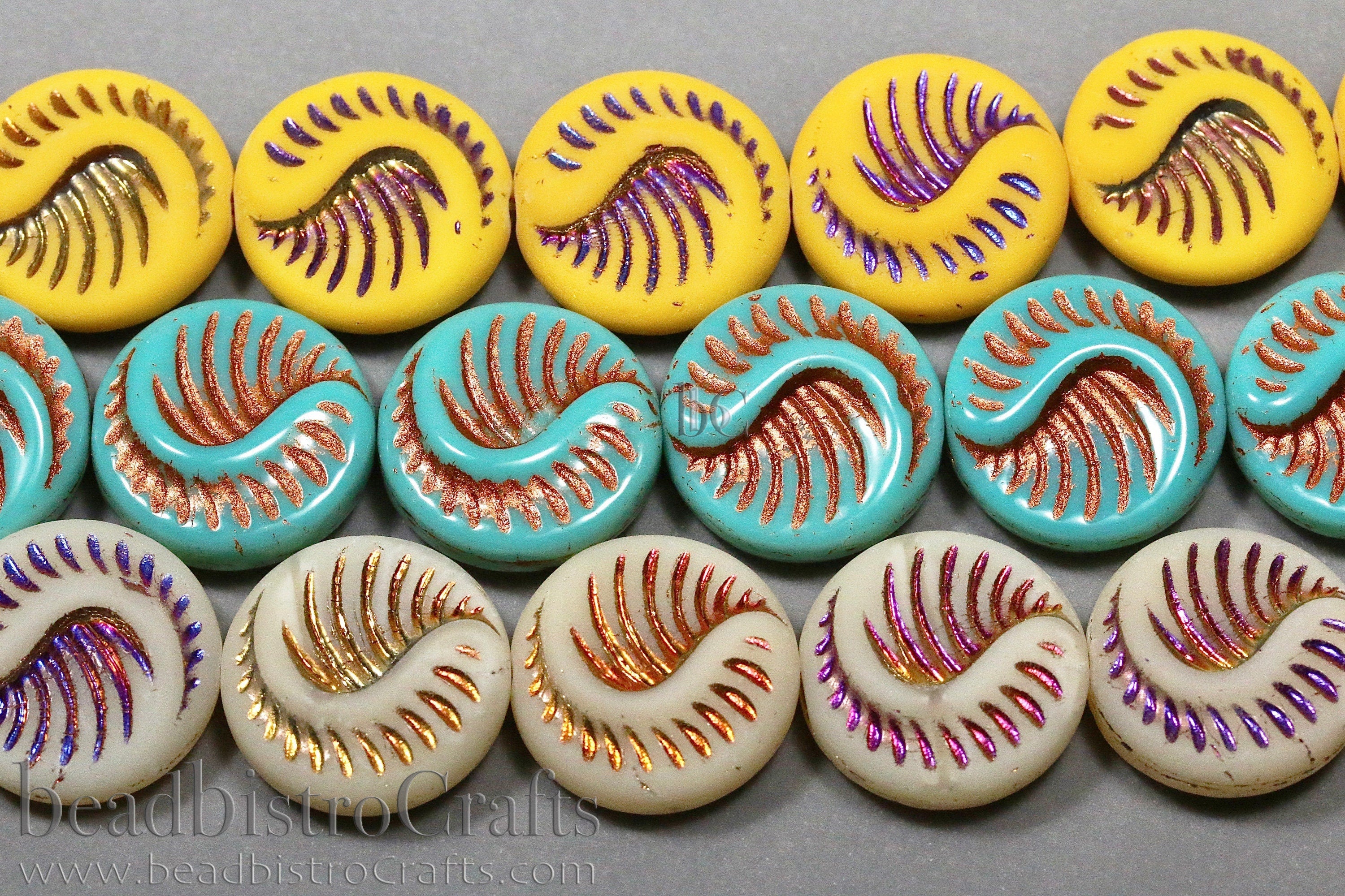 Czech Glass Fossil Beads - 2pcs /6pcs Pressed Czech Coin Beads - CHOOSE COLOR - 19mm