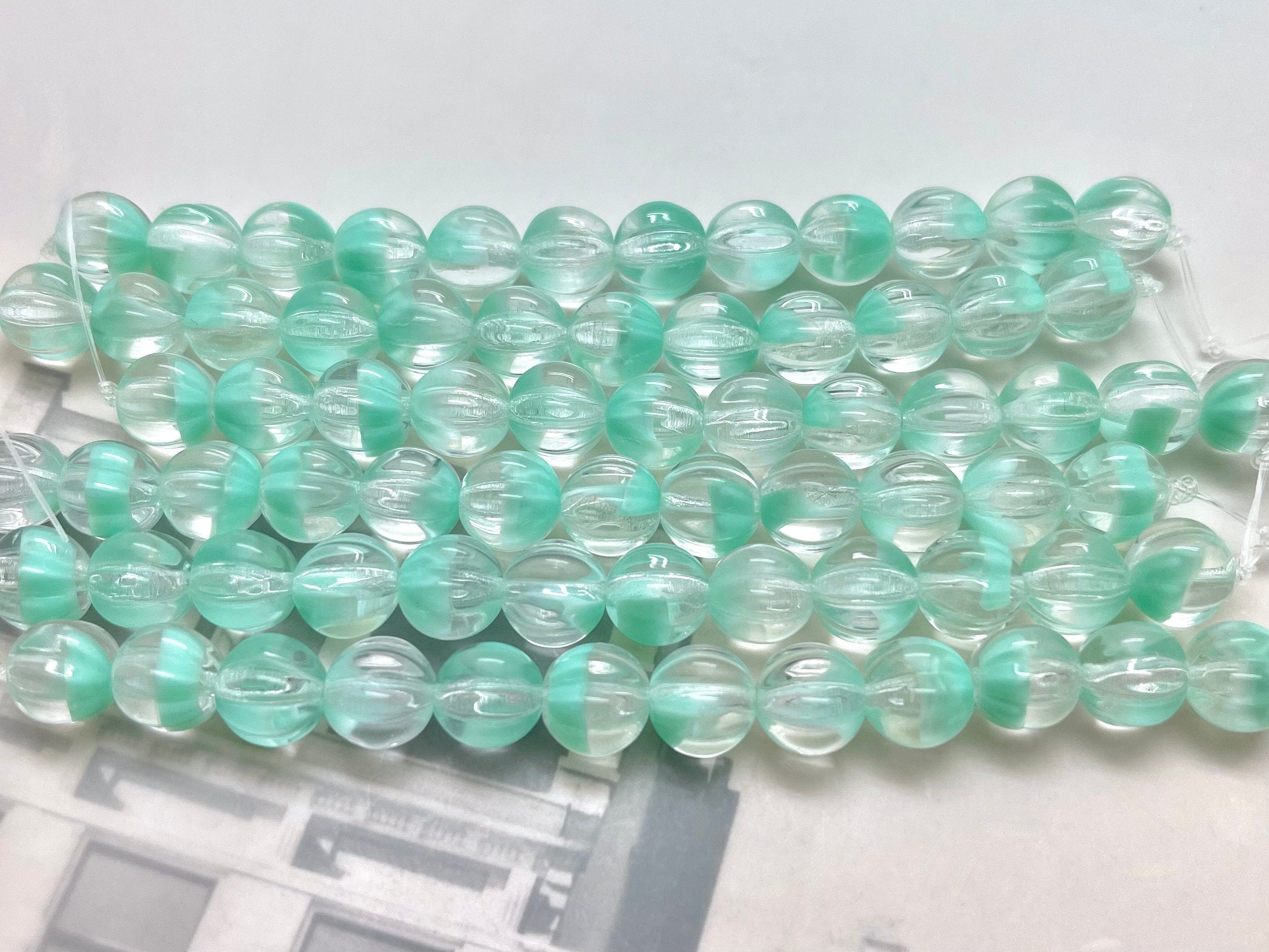 8mm Czech Glass Melon Round Bead (12pcs) MINT GREEN and Clear 2-TONE Glass * 8mm Melon Beads