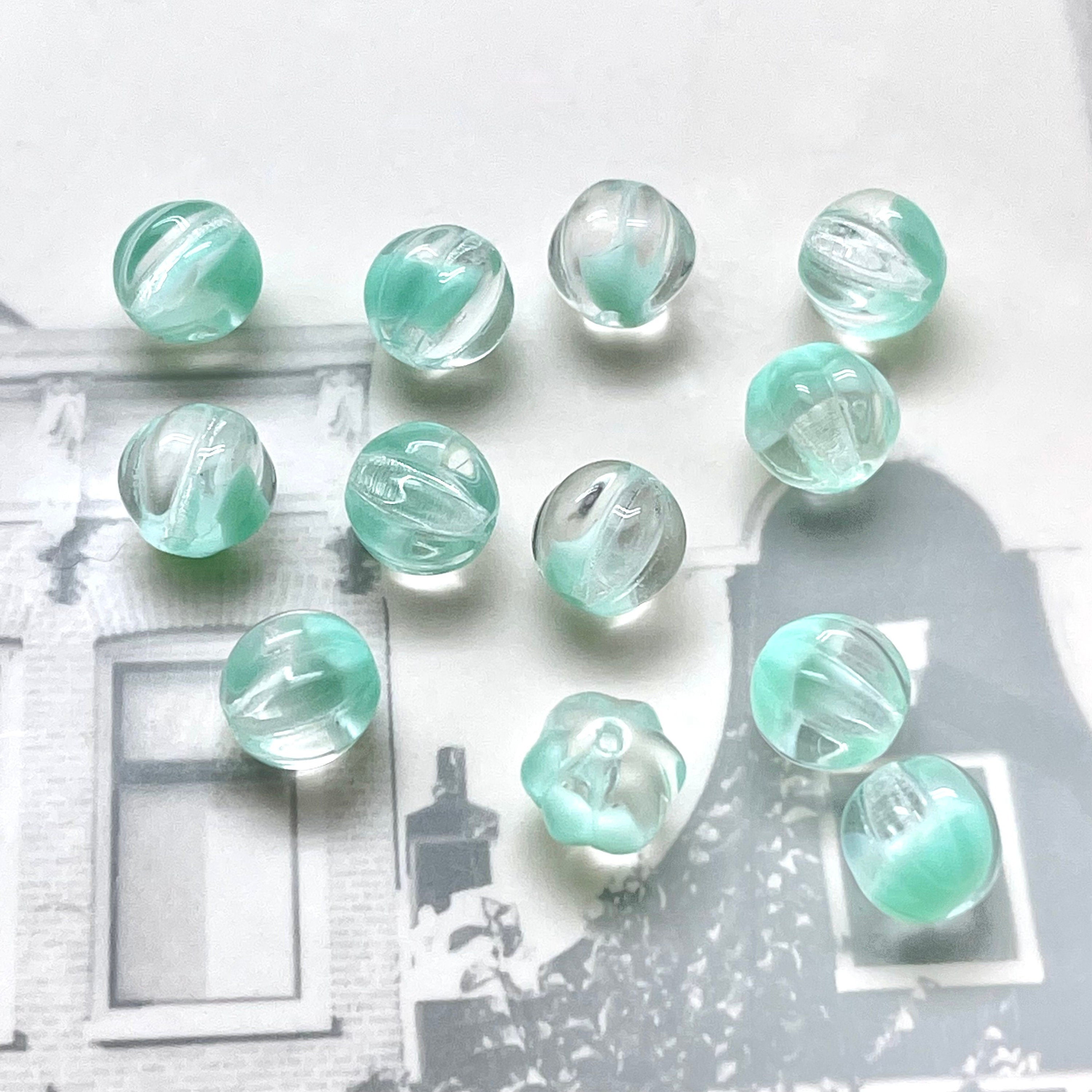 8mm Czech Glass Melon Round Bead (12pcs) MINT GREEN and Clear 2-TONE Glass * 8mm Melon Beads