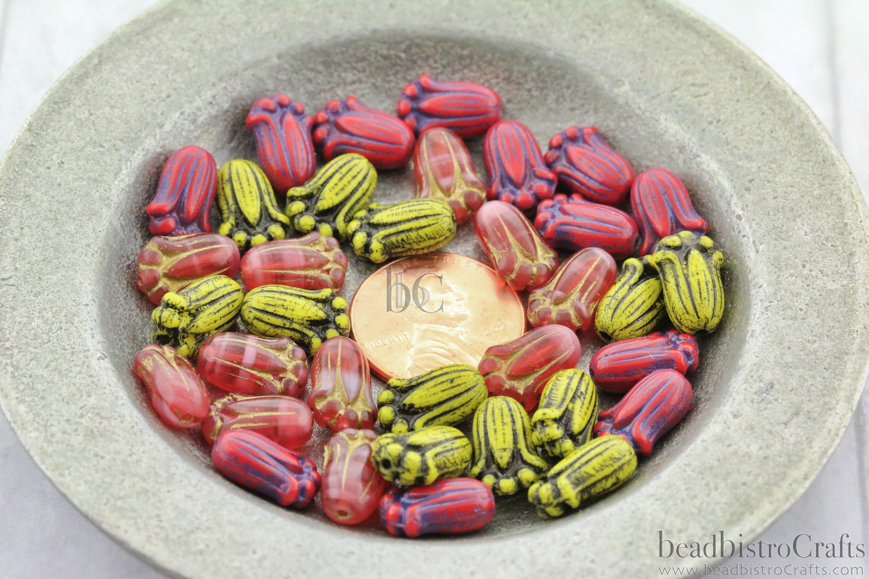 12pcs Czech Tulip Bud Beads - Red w/ Purple, Raspberry w/ Gold and Yellow w/ Black Glass Flower Beads - 12x8mm