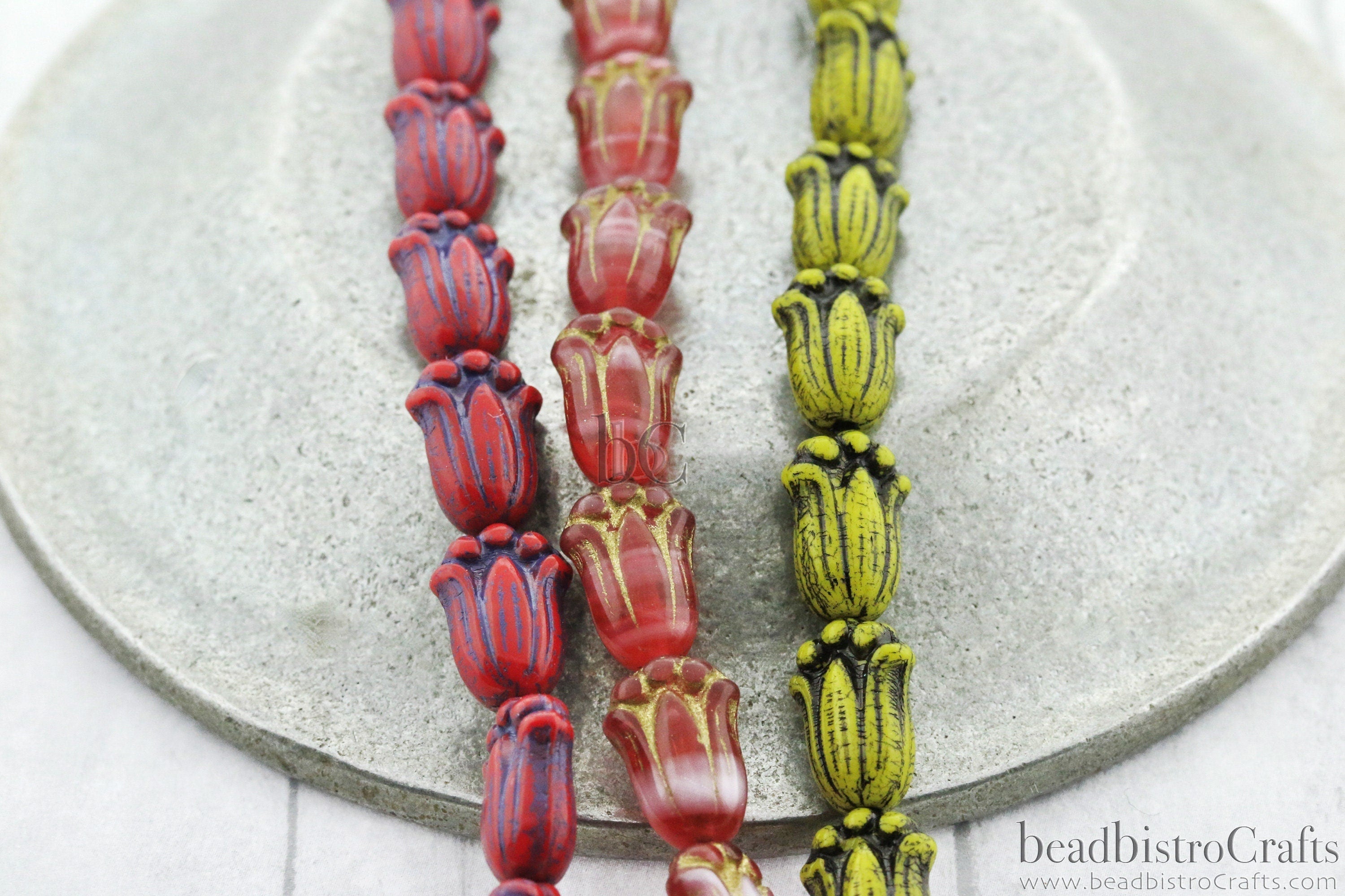 12pcs Czech Tulip Bud Beads - Red w/ Purple, Raspberry w/ Gold and Yellow w/ Black Glass Flower Beads - 12x8mm