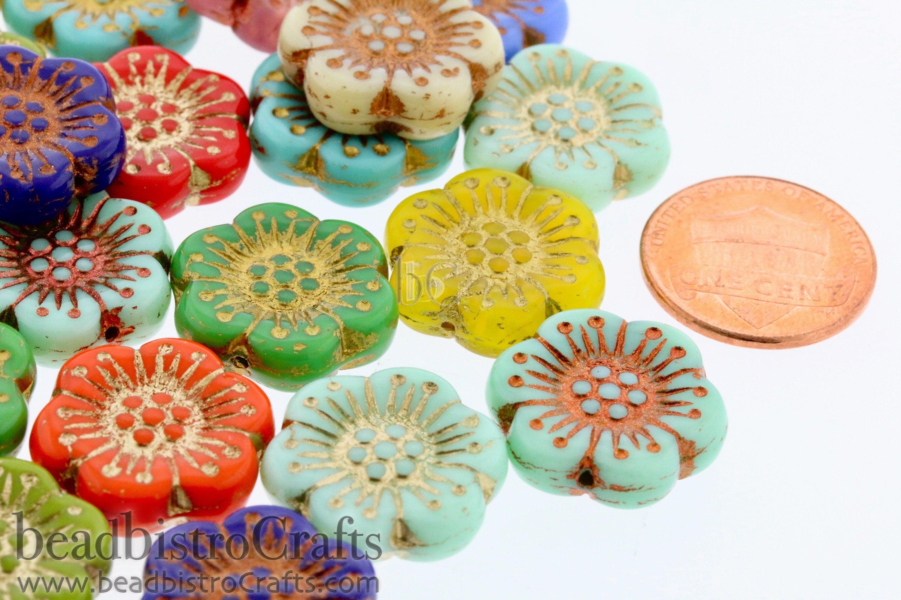 3pcs WILD ROSE * Czech Glass Pressed Beads * Choose COLORS - Gold or Copper/Bronze Washed - 18mm Dimpled Flower Beads