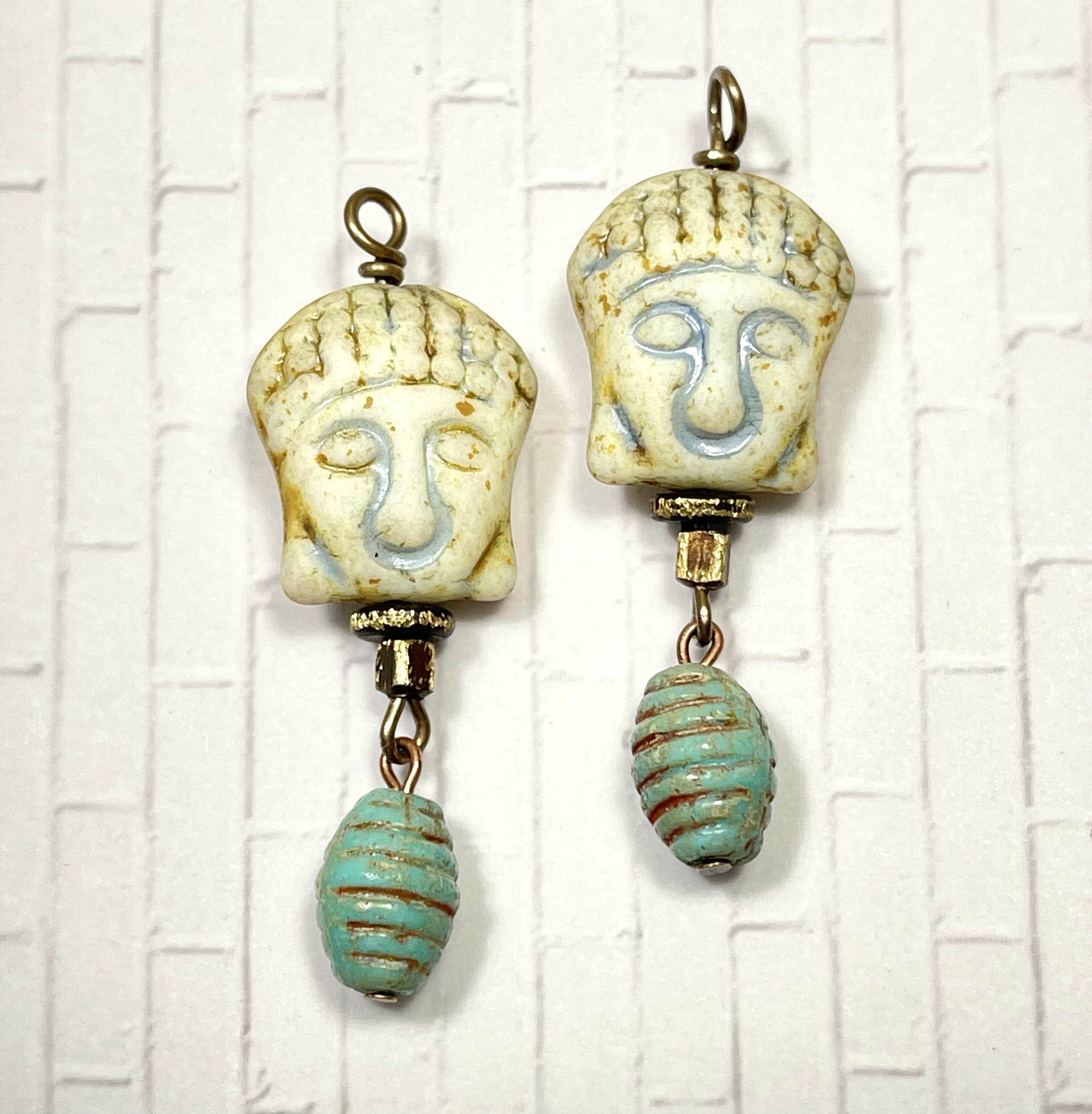 4pcs Buddha Head Glass Beads - Pressed Czech glass with Patina-like surface - MATTE Chalk TRAVERTINE Patina-look - 16x14mm