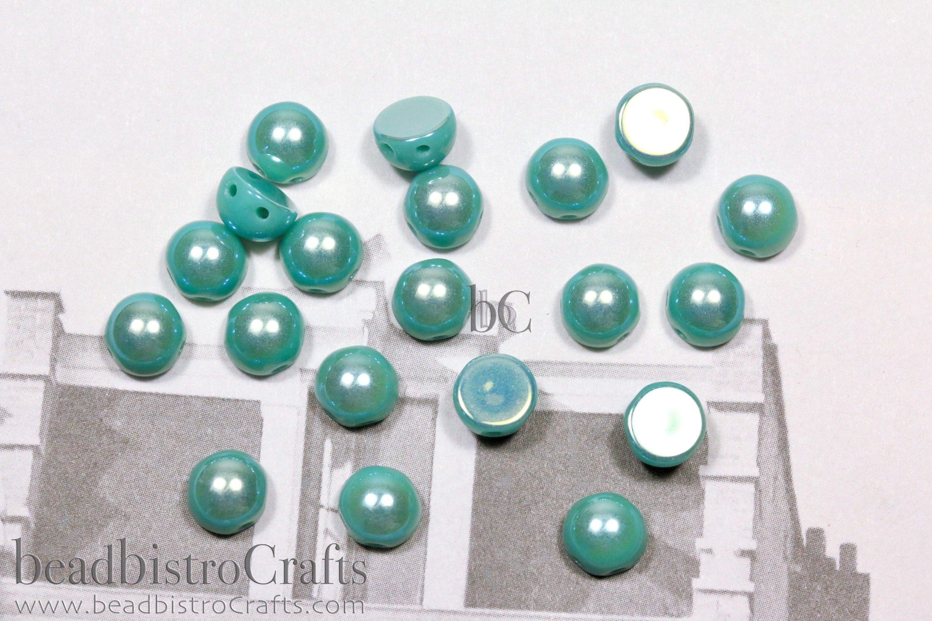 20pcs - Czech Glass 2-hole Cabochon Beads - Cabochon Bead - Opaque Jade FULL Light AB - 6mm