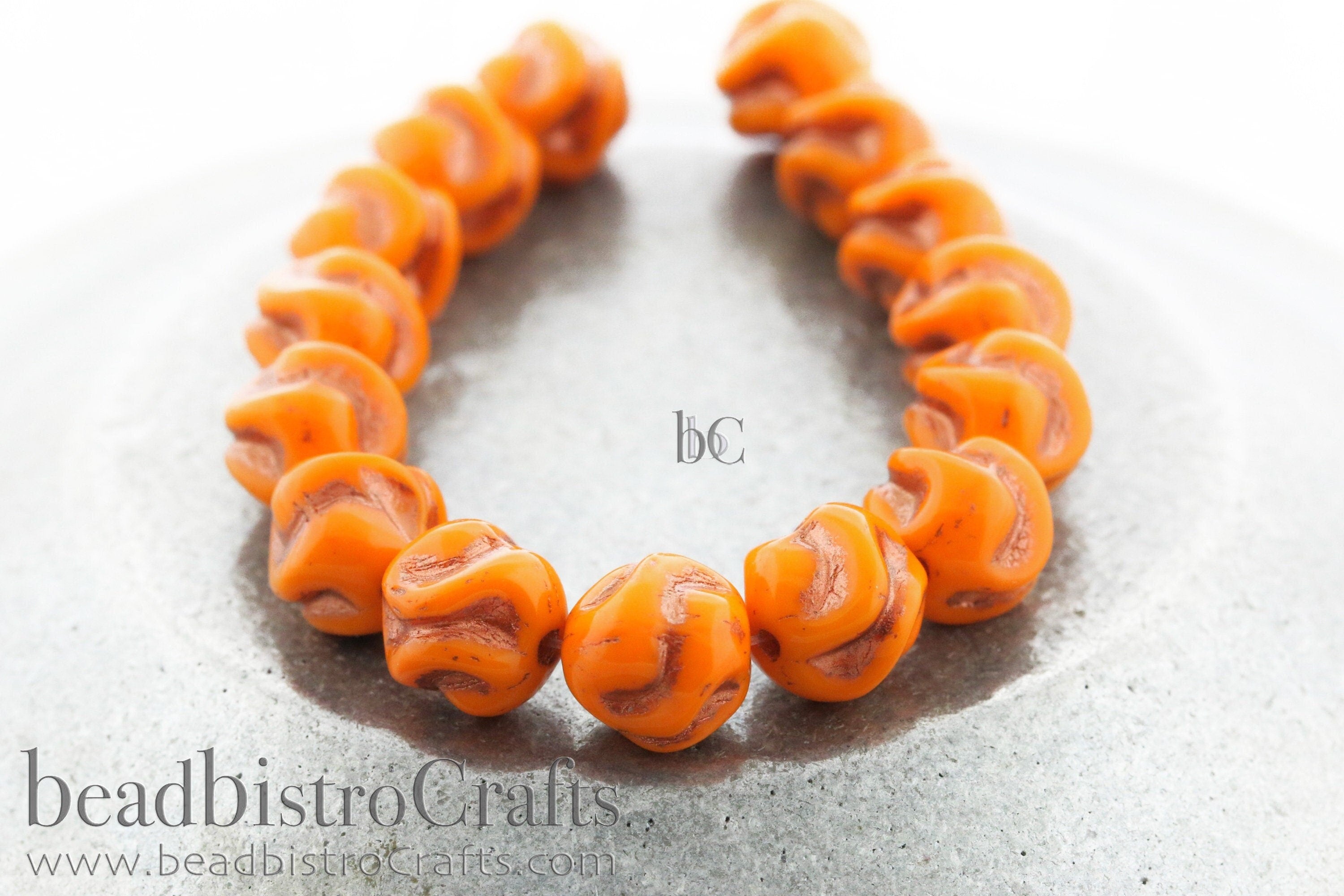 Love Knot Czech Beads - 15pcs Pressed Czech Glass Beads - Opaque Orange with COPPER Wash * 8x8mm