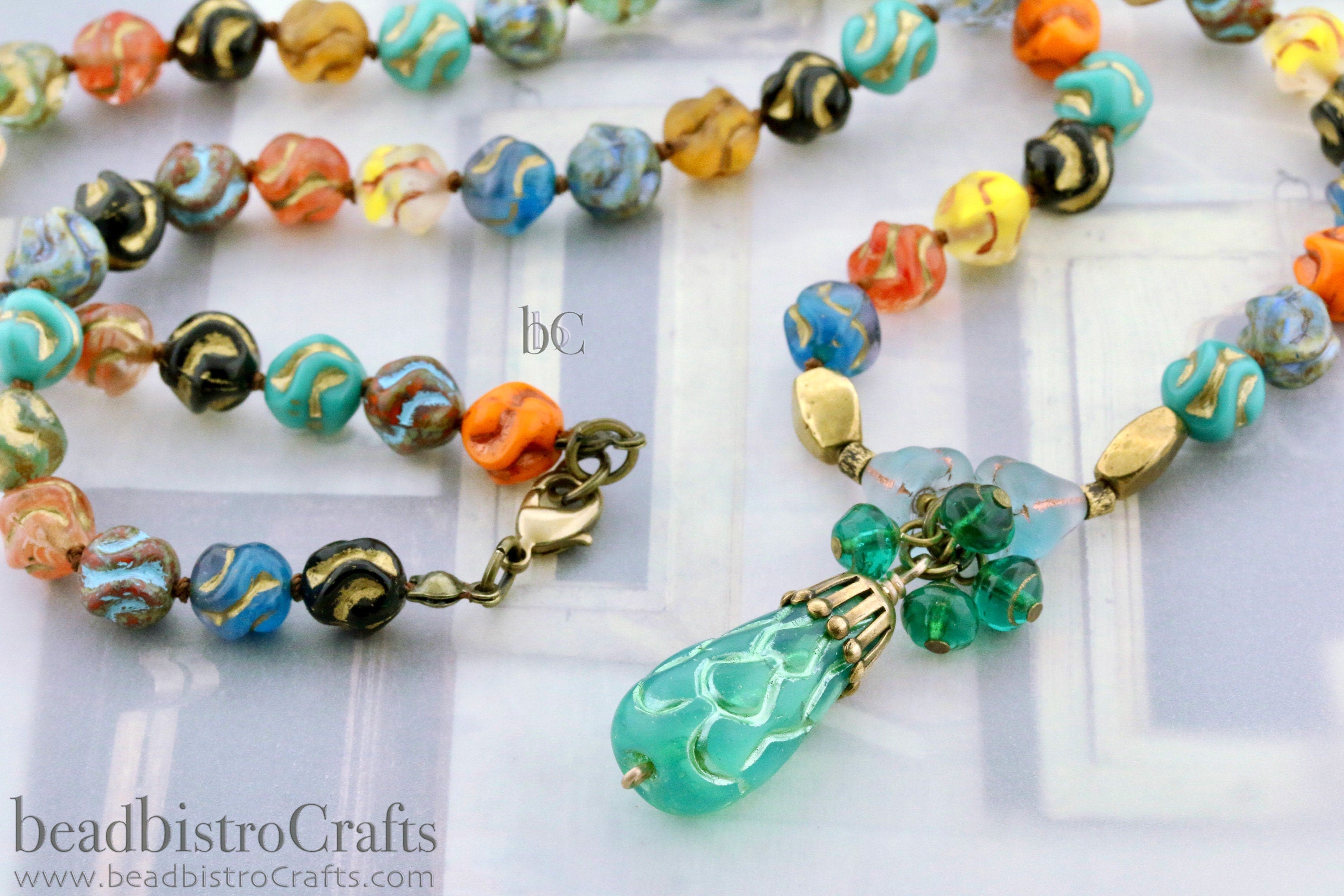 Love Knot Czech Beads - 15pcs Pressed Czech Glass Beads - Opaque Orange TRAVERTINE with Blue TURQUOISE Wash * 8x8mm