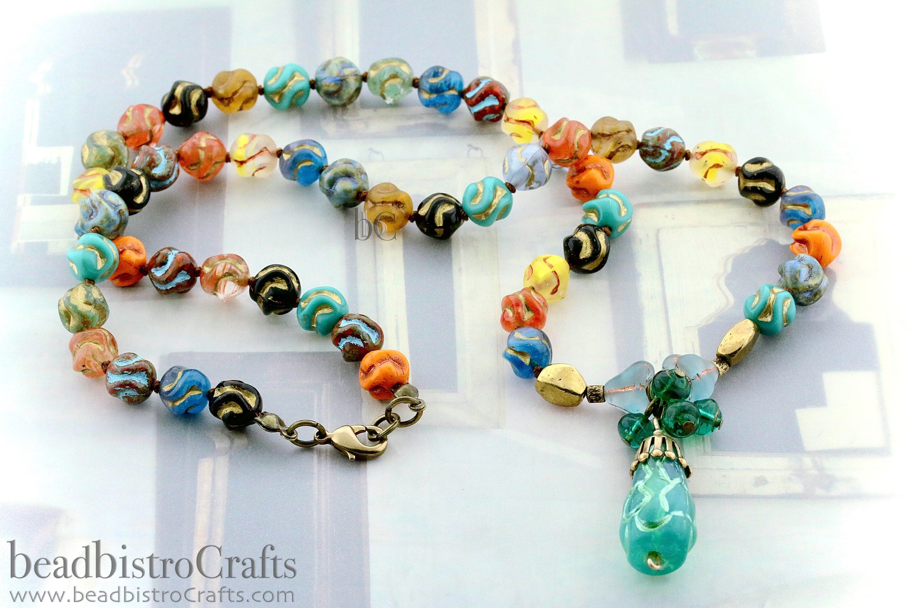 Love Knot Czech Beads - 15pcs Pressed Czech Glass Beads - Opaque Orange TRAVERTINE with Blue TURQUOISE Wash * 8x8mm