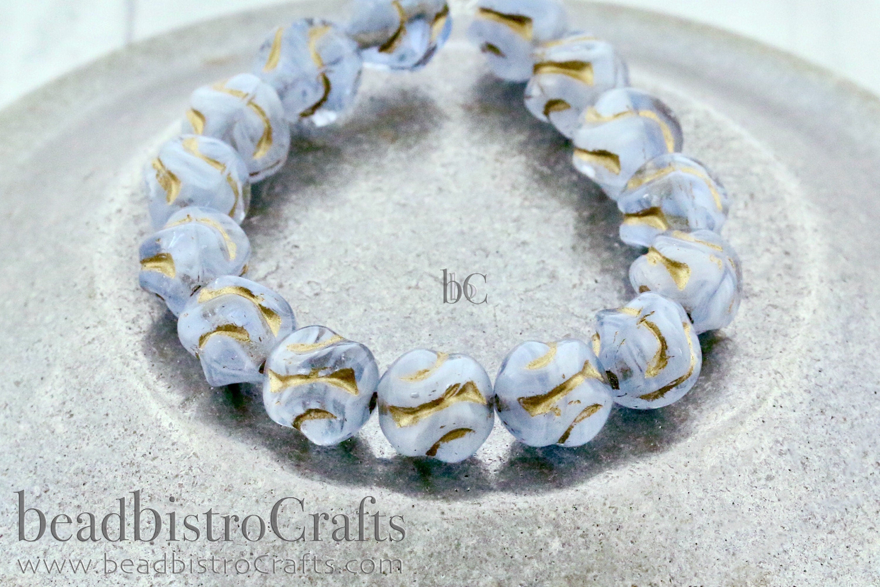 Love Knot Czech Beads - 15pcs Pressed Czech Glass Beads - CLOUDY Pale Blue GREY with GOLD Wash * 8x8mm