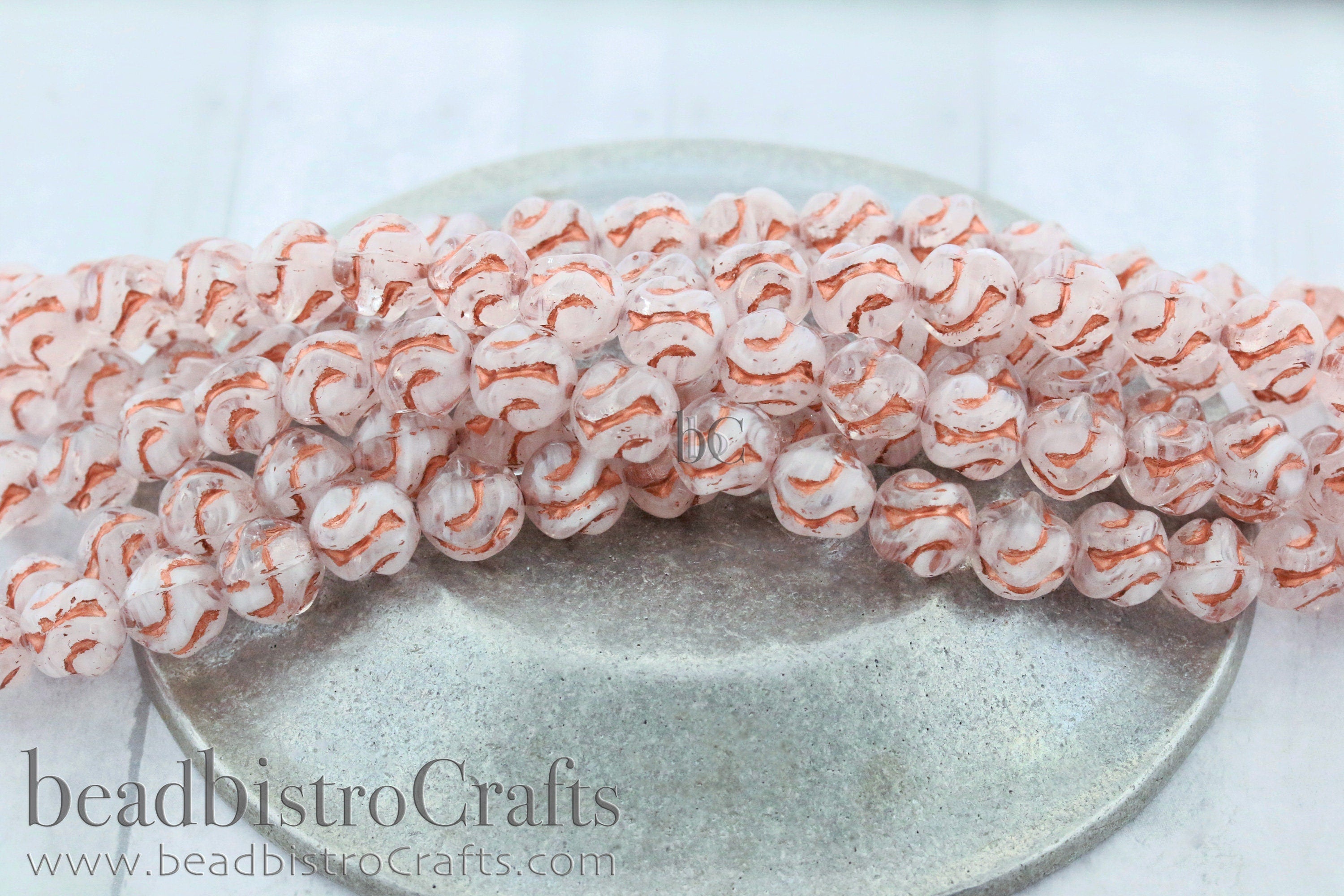 Love Knot Czech Beads - 15pcs Pressed Czech Glass Beads - CLOUDY WHITE with COPPER Wash * 8x8mm