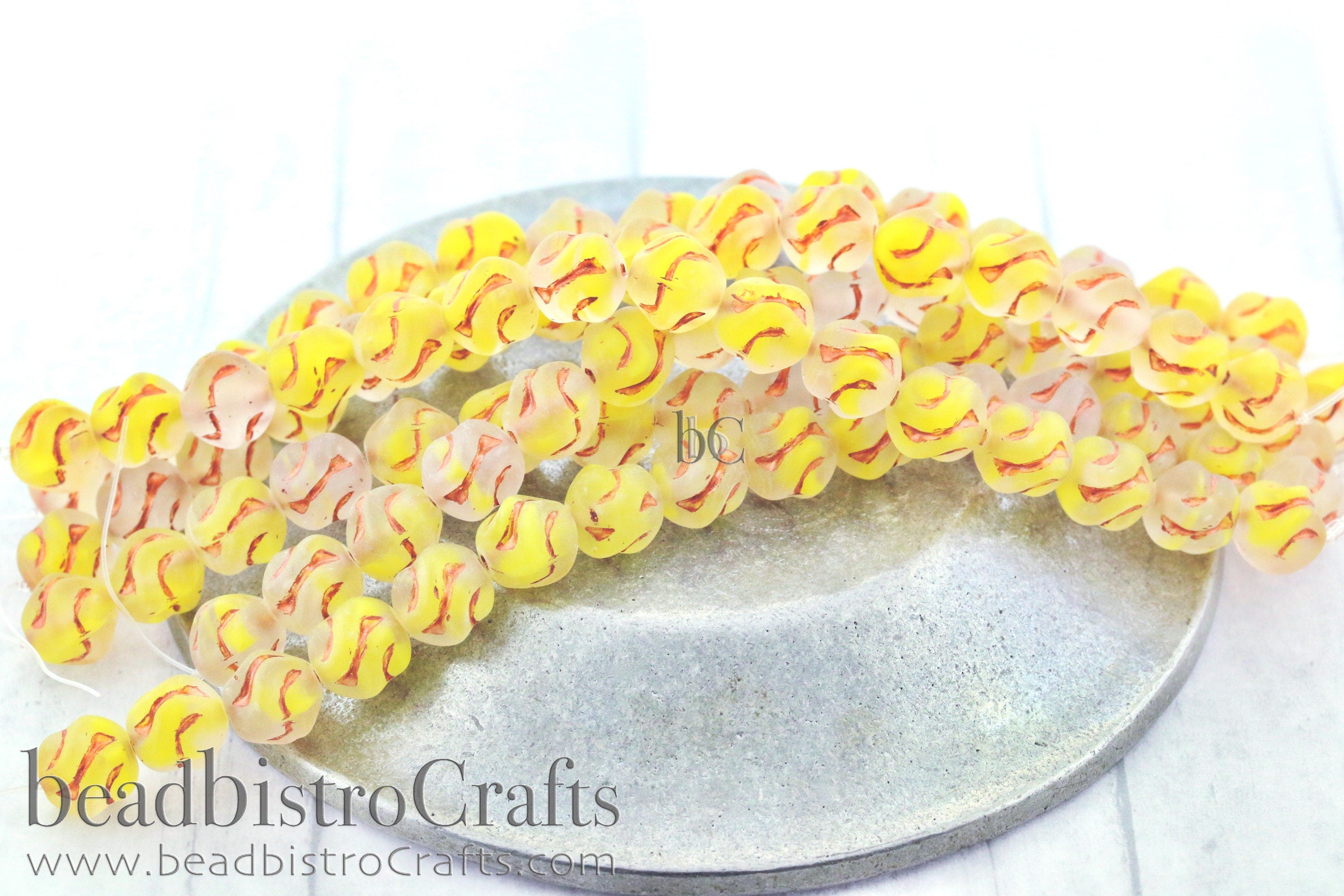 Love Knot Czech Beads - 15pcs Pressed Czech Glass Beads - CLOUDY FROSTED Yellow with COPPER Wash * 8x8mm