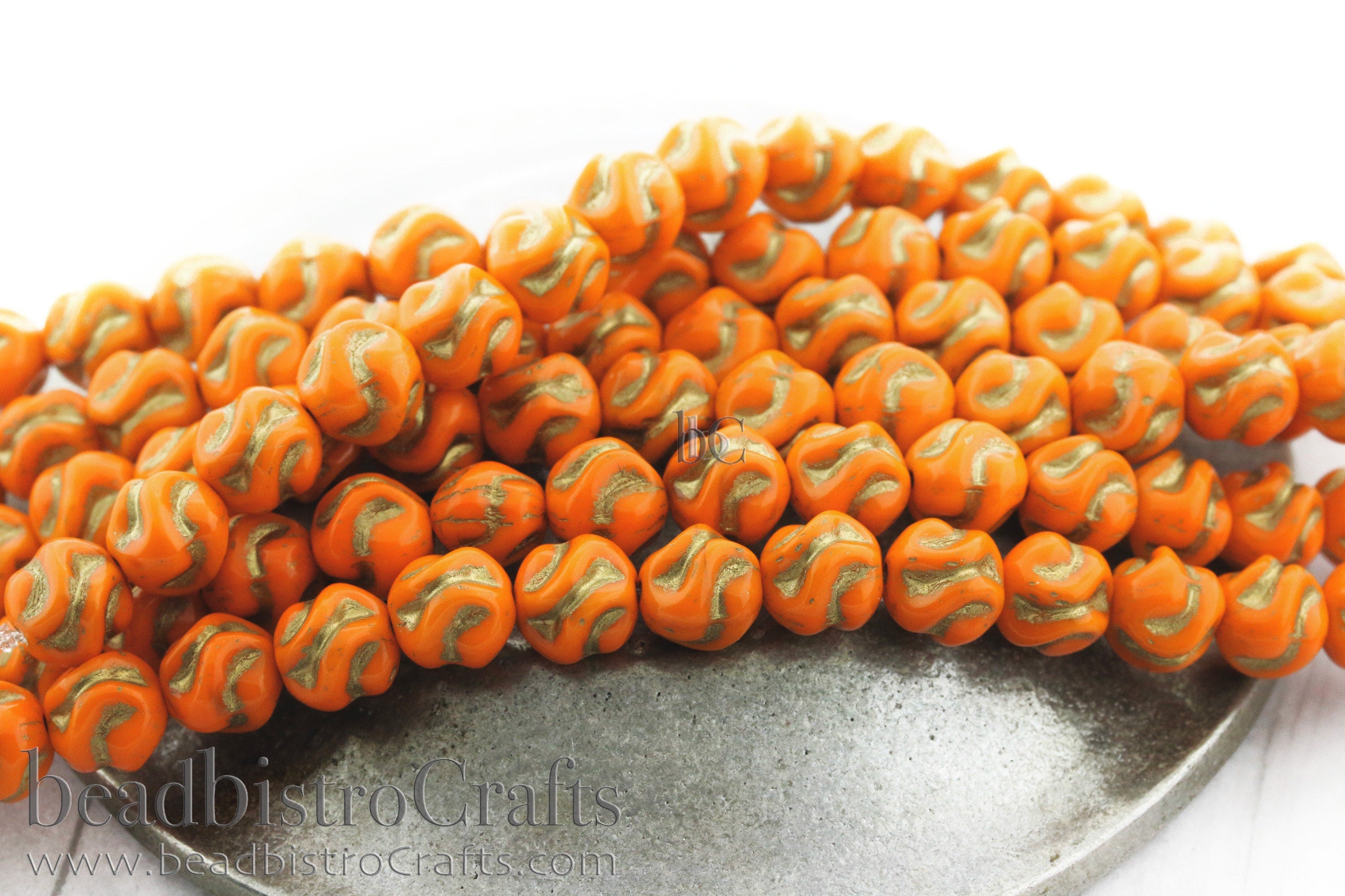 Love Knot Czech Beads - 15pcs Pressed Czech Glass Beads - Opaque Orange with GOLD Wash * 8x8mm