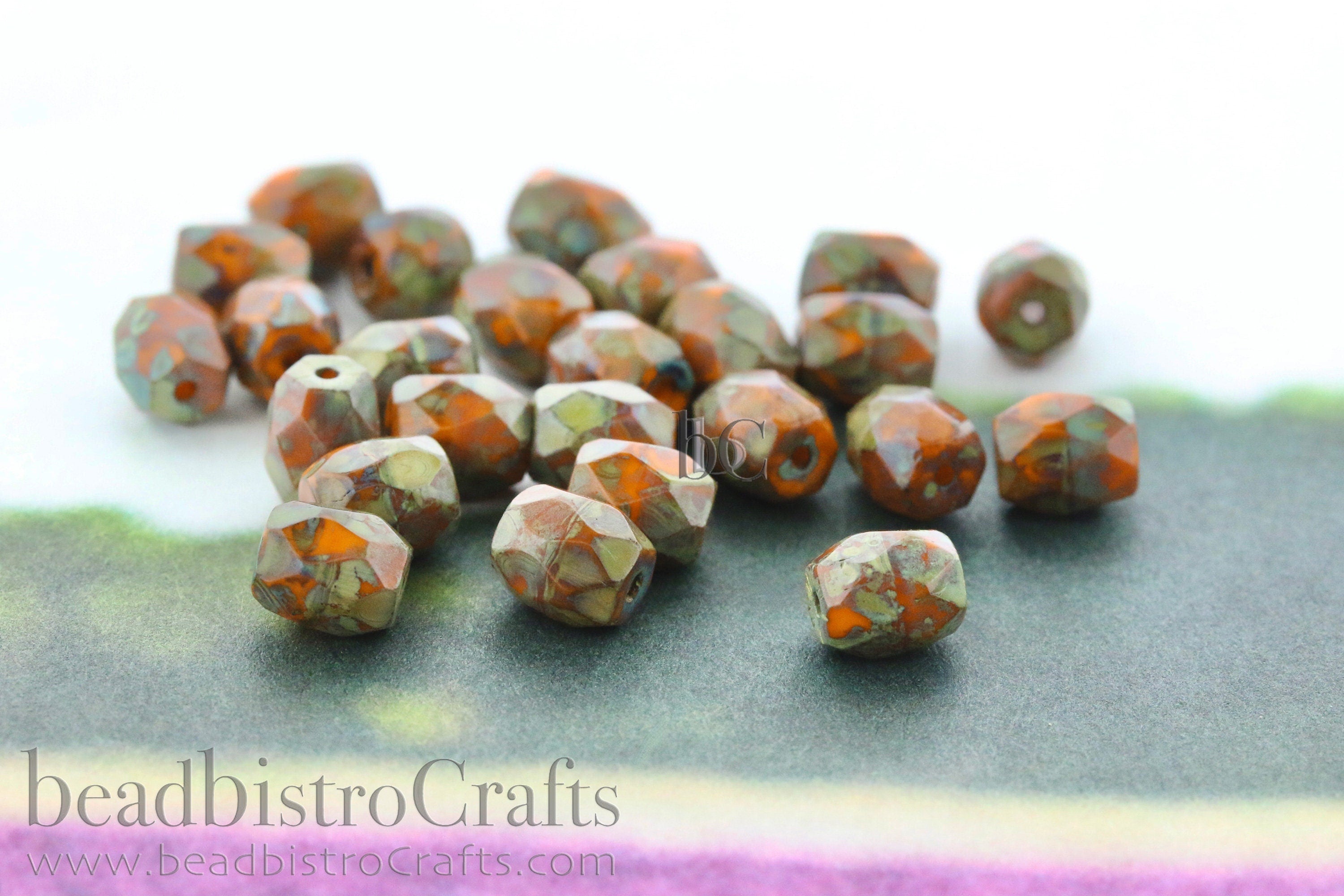 Czech Facetted Beads - BAROS® Par Puca® Beads - Czech Glass Barrel shaped bead - Tangerine TRAVERTINE * NEW * (20pcs) 6x5mm