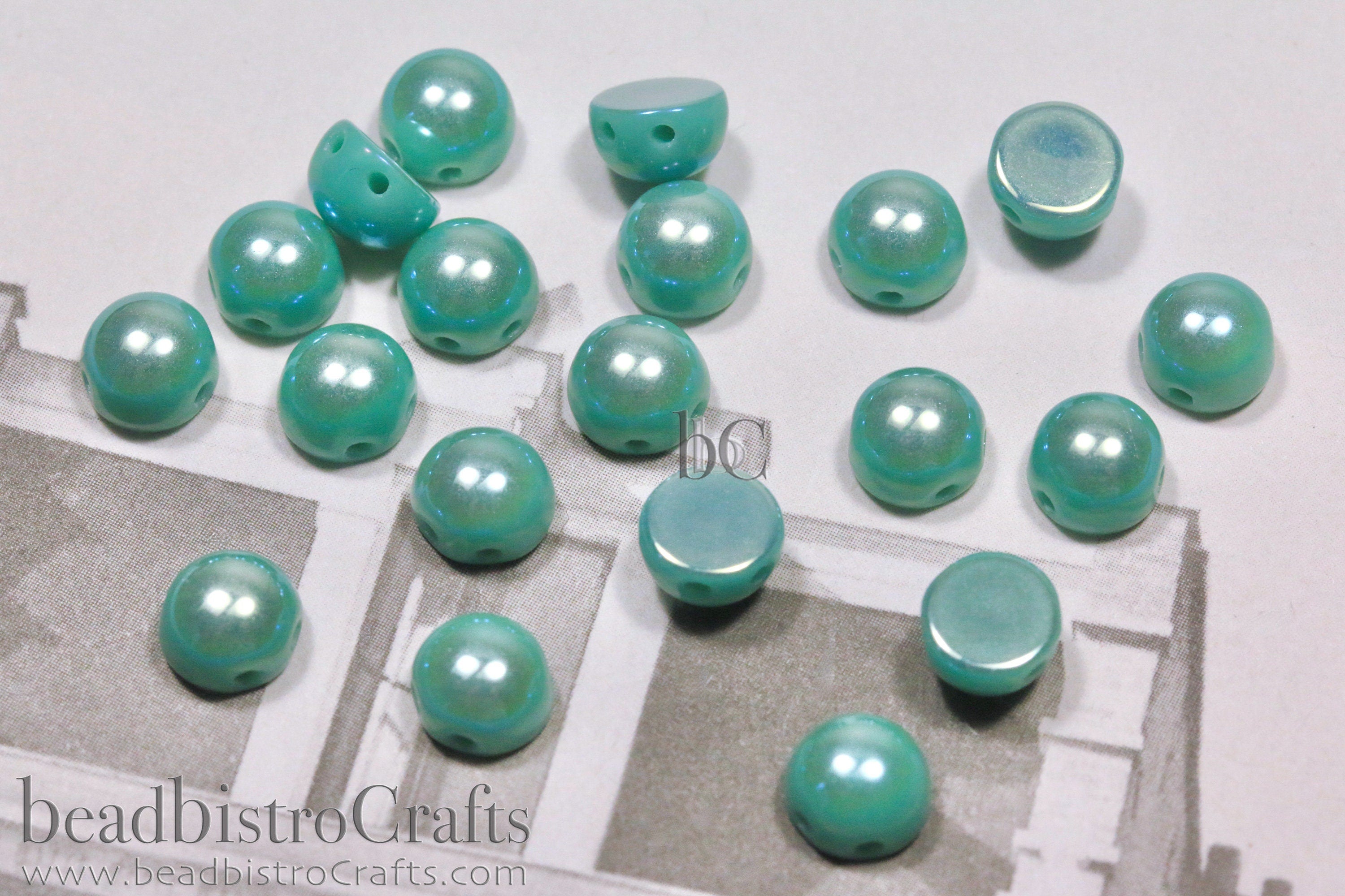 20pcs - Czech Glass 2-hole Cabochon Beads - Cabochon Bead - Opaque Jade FULL Light AB - 6mm