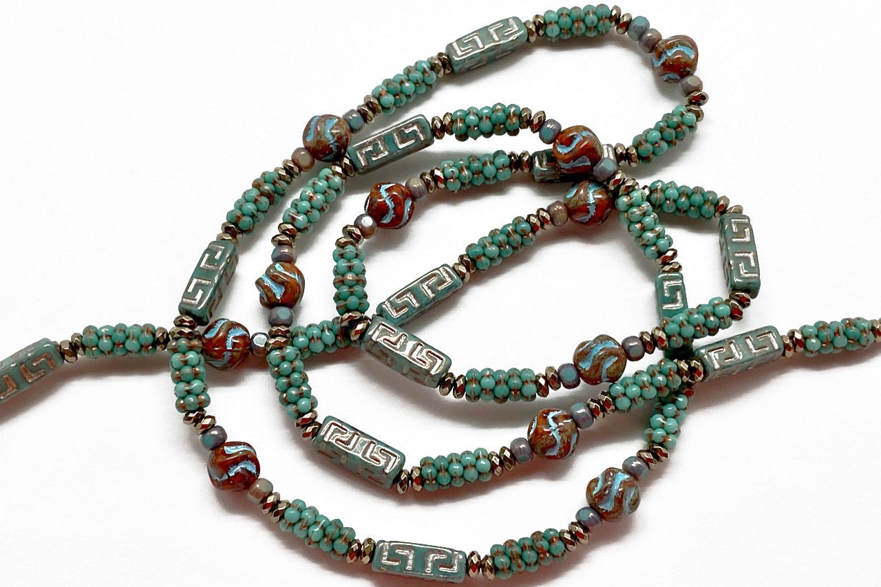 Love Knot Czech Beads - 15pcs Pressed Czech Glass Beads - Opaque Orange TRAVERTINE with Blue TURQUOISE Wash * 8x8mm
