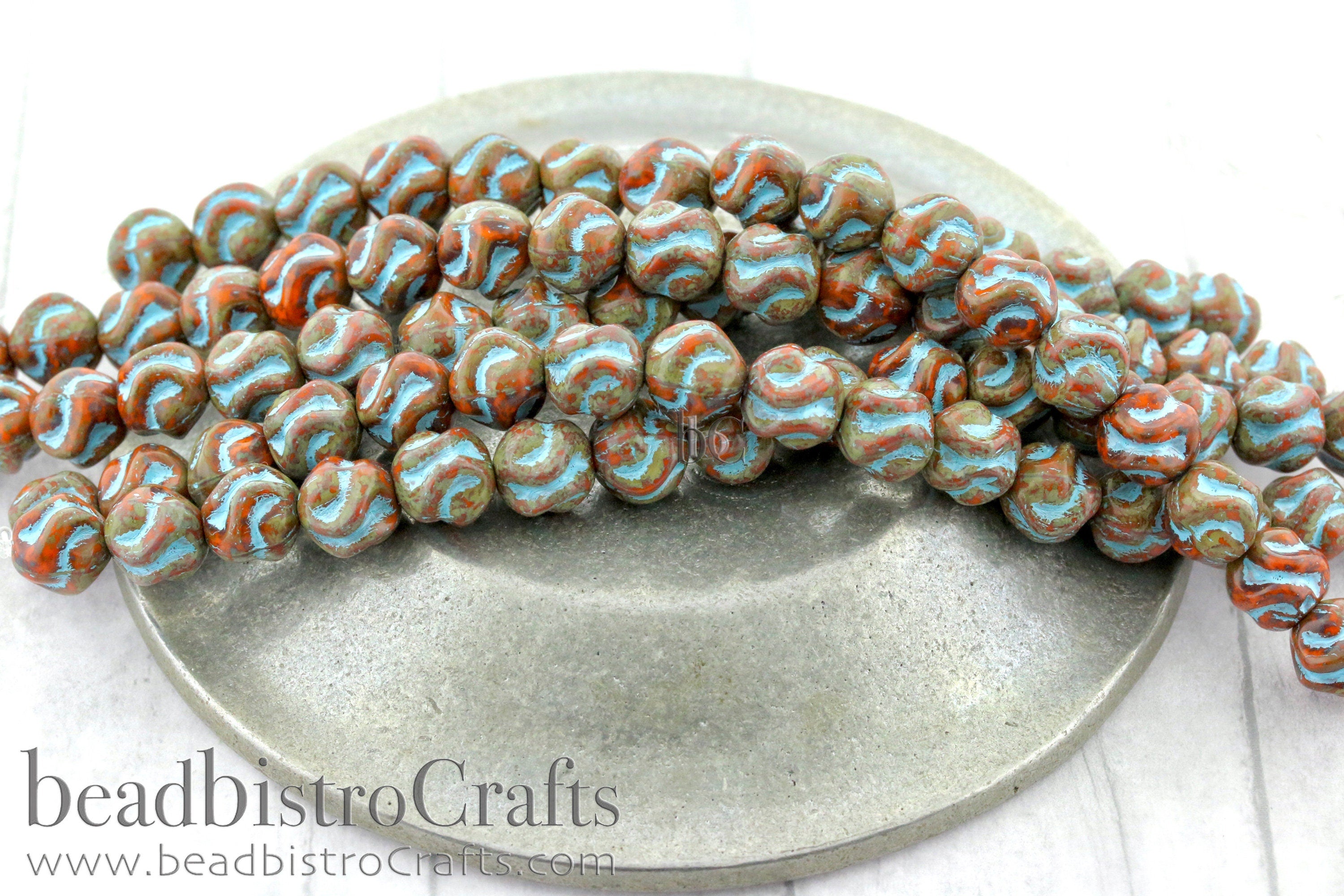 Love Knot Czech Beads - 15pcs Pressed Czech Glass Beads - Opaque Orange TRAVERTINE with Blue TURQUOISE Wash * 8x8mm