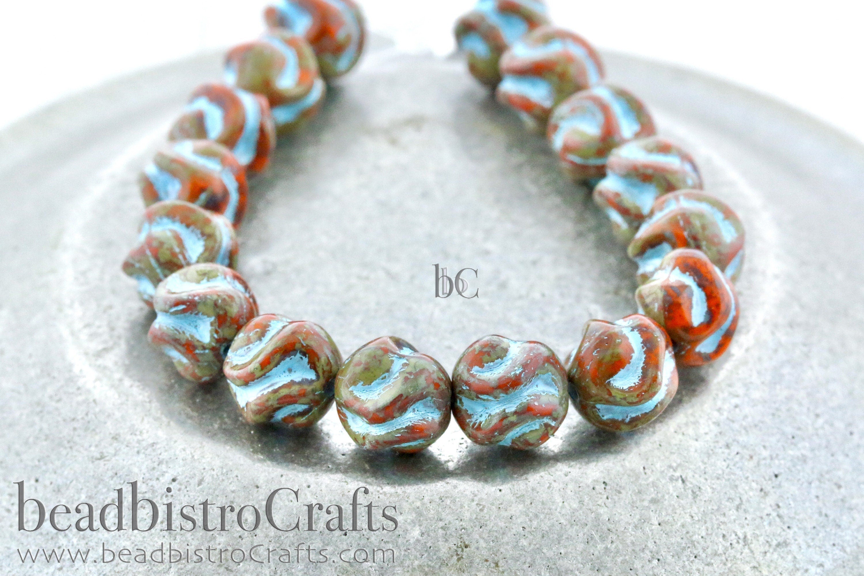 Love Knot Czech Beads - 15pcs Pressed Czech Glass Beads - Opaque Orange TRAVERTINE with Blue TURQUOISE Wash * 8x8mm